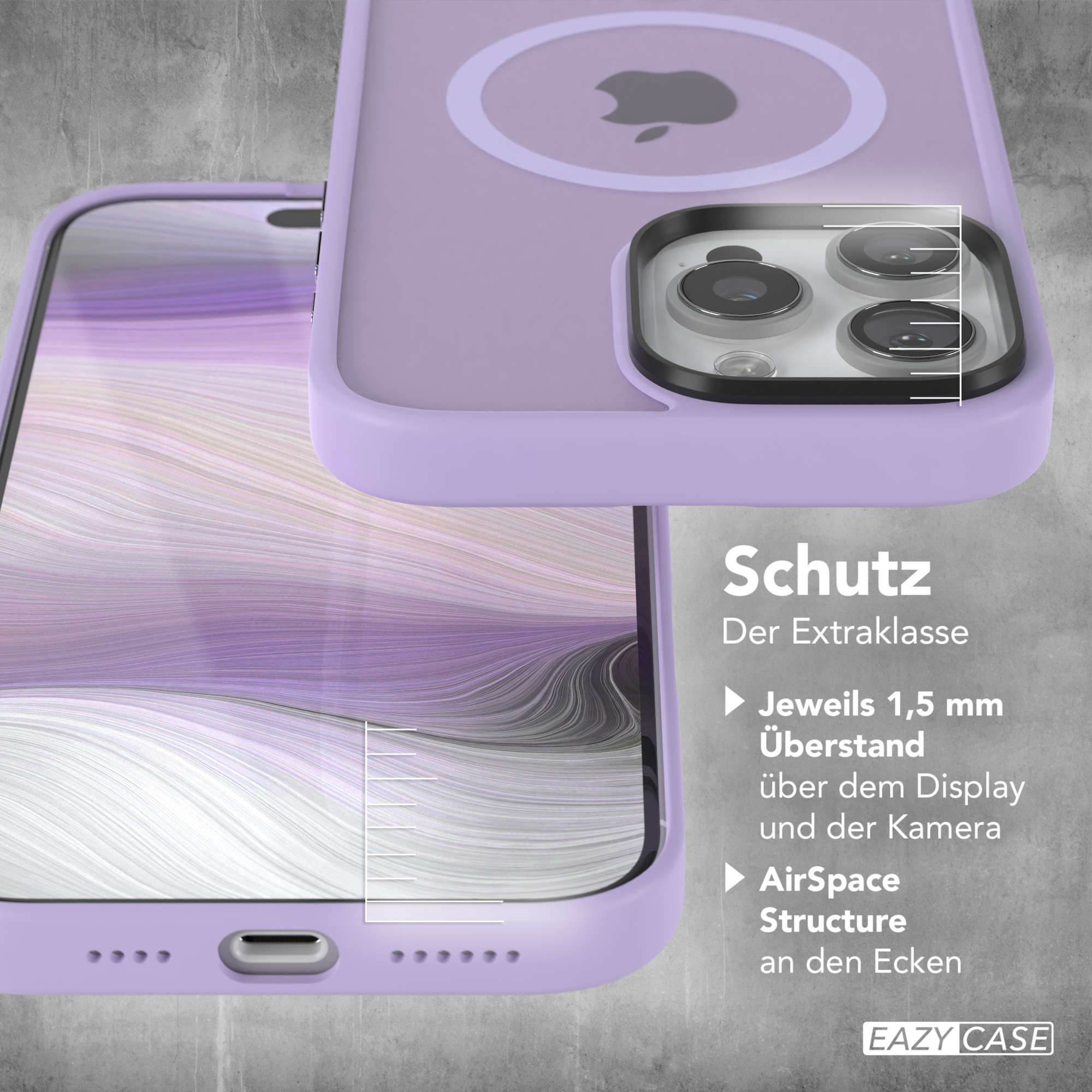 Ein lilafarbenes iPhone mit Schutzhülle und Apple-Logo.