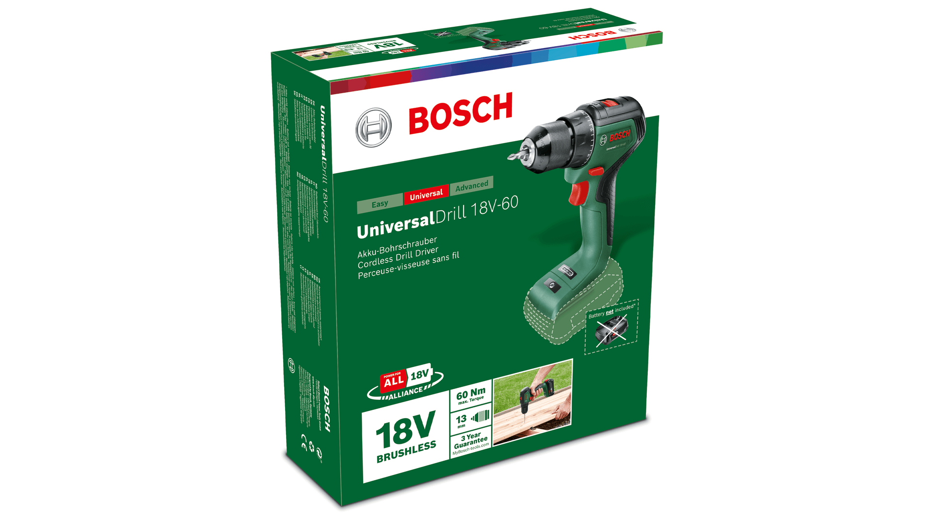 Verpackung eines grünen Bosch UniversalDrill 18V-60 Akkuschraubers mit Zubehördetails.