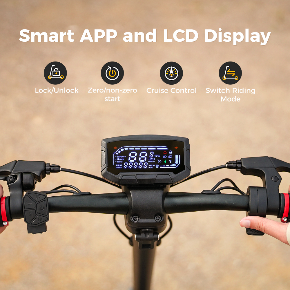 Manubrio monopattino con display LCD che mostra velocità, modalità e icone.