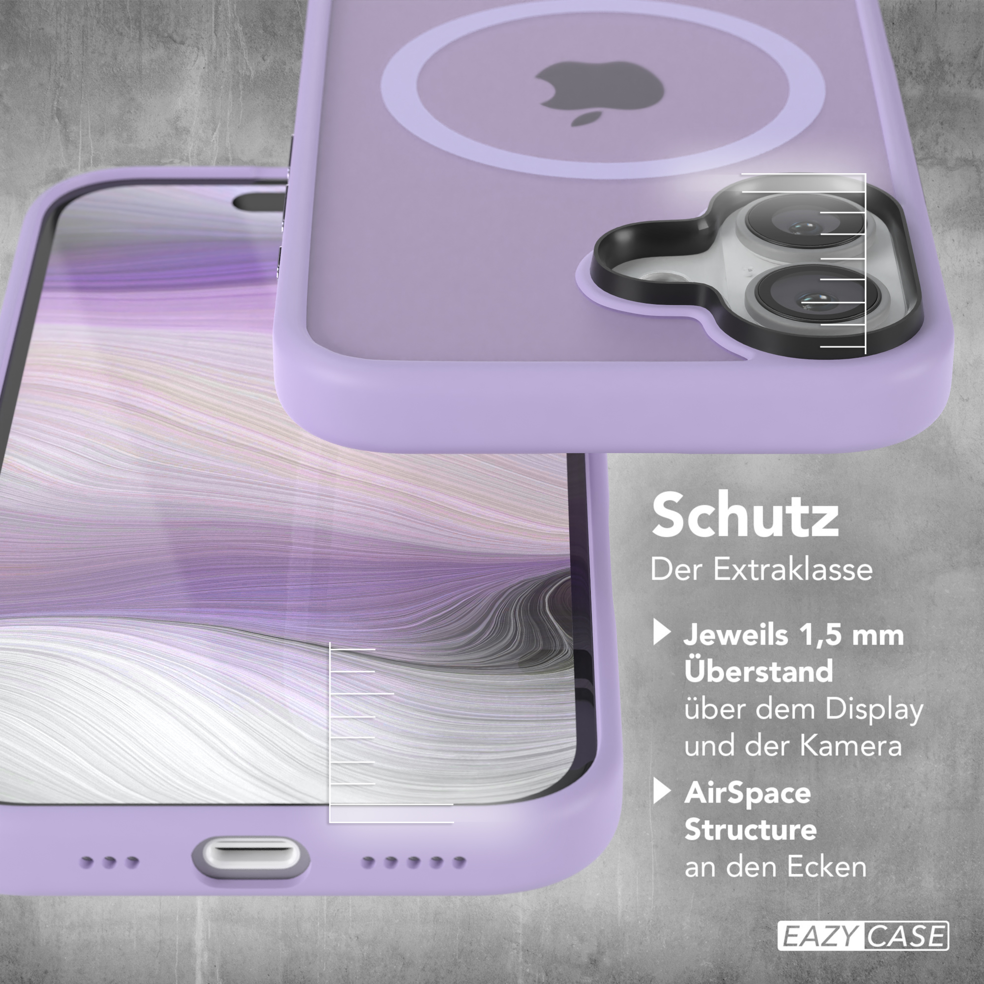 Lila Handyhülle mit Apple-Logo und Kamera-Ausschnitt. Text.