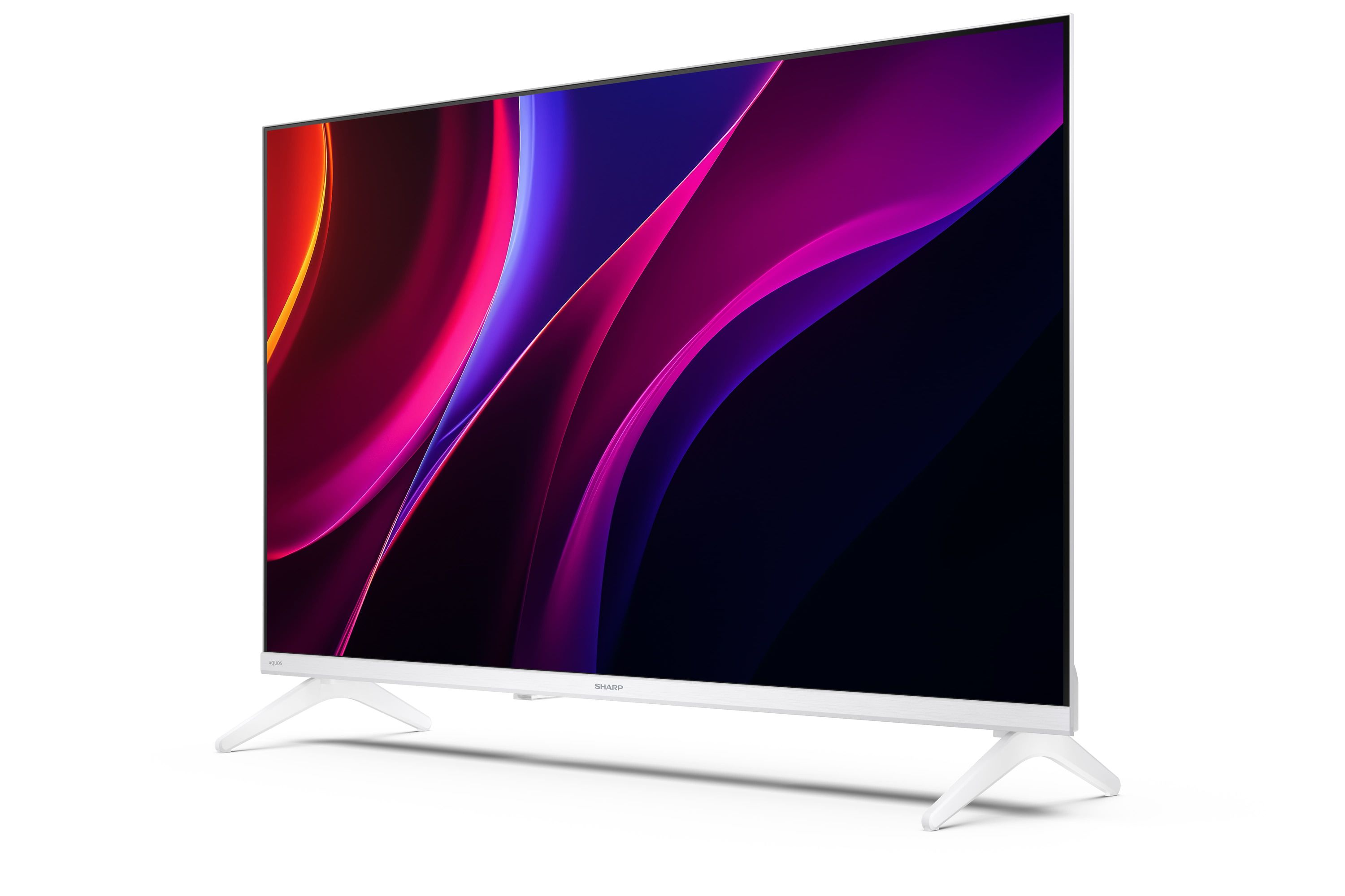 Una TV bianca ed elegante con uno screensaver astratto viola e rosso.