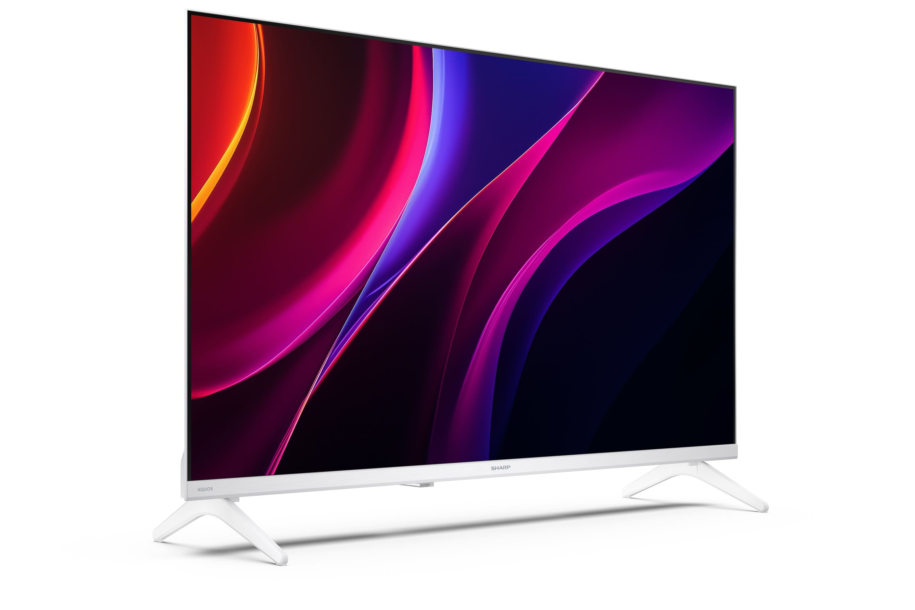 Un televisore bianco con uno sfondo astratto e colorato sullo schermo.