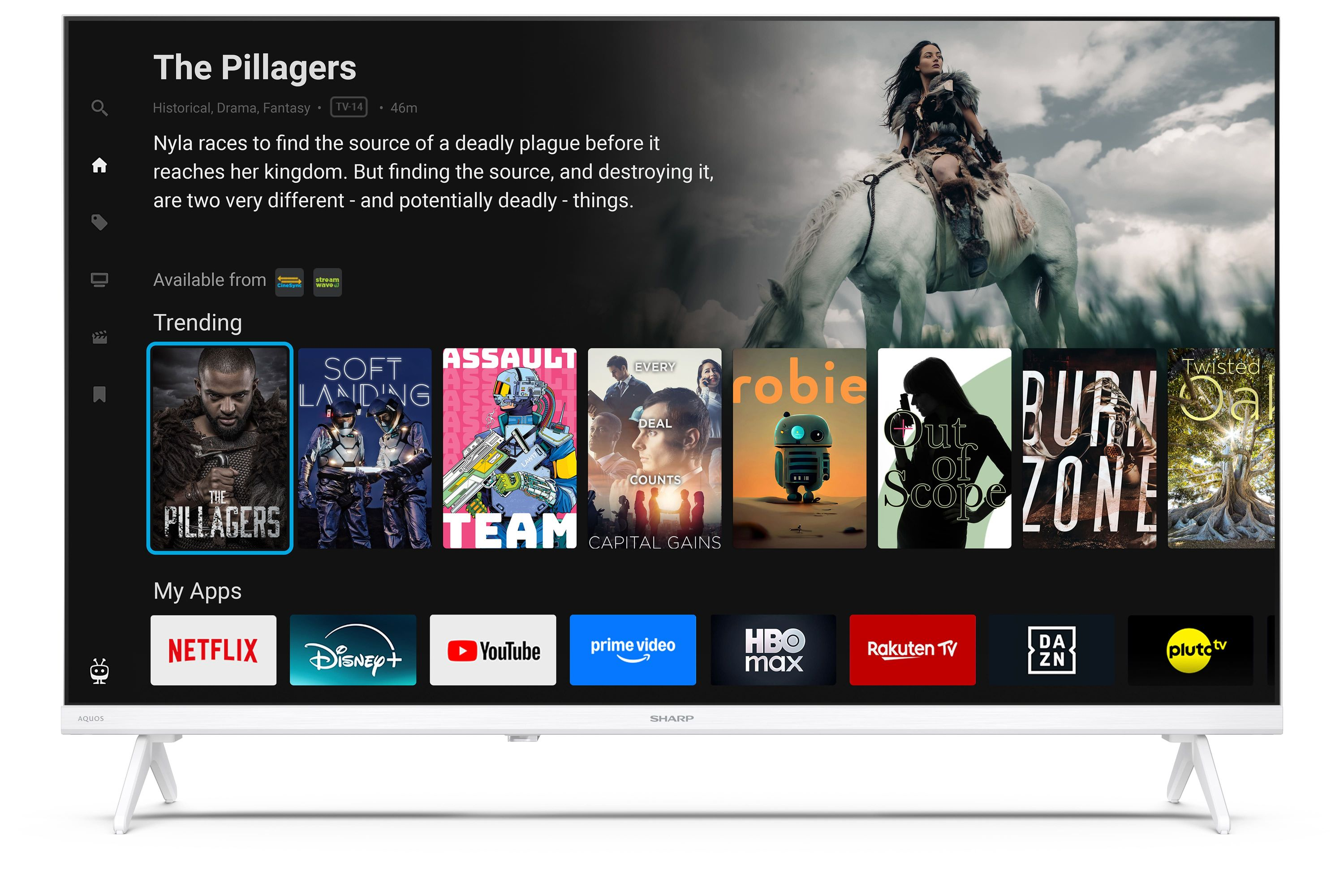 Un menu TV con miniature di film e loghi di app come Netflix e Disney+.
