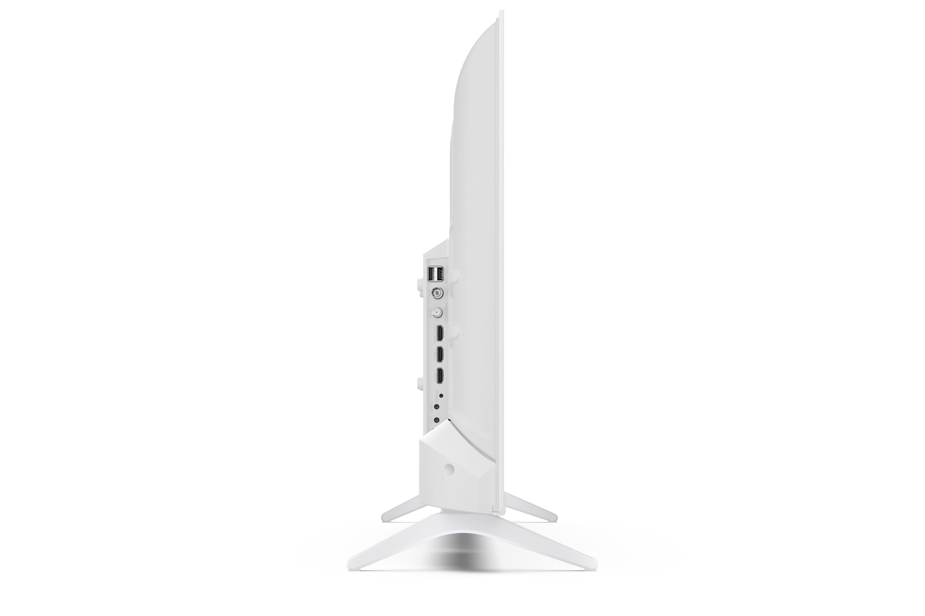 Retro TV bianco con porte e piedistallo di profilo.
