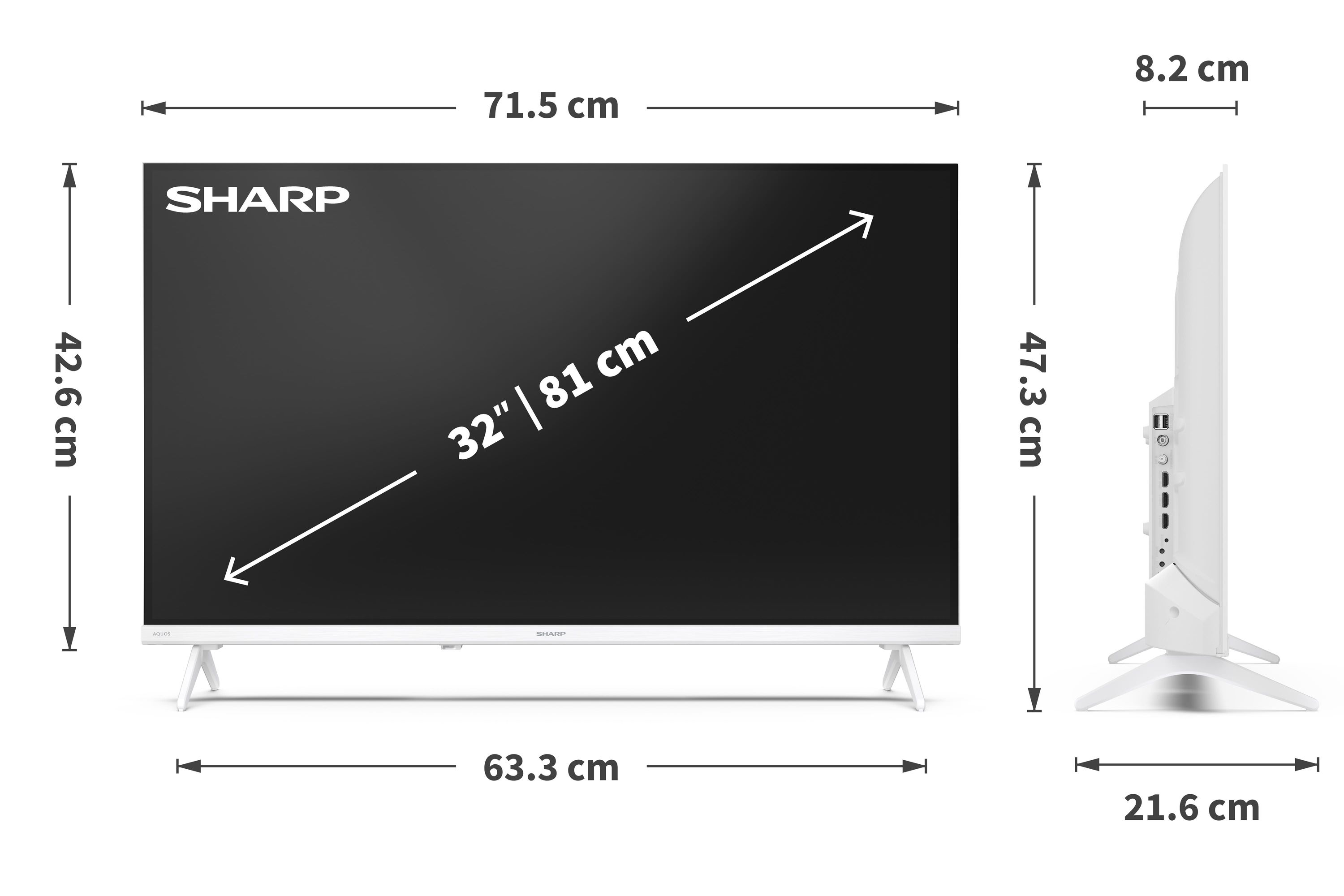 Una TV Sharp bianca da 32 pollici con dimensioni e porte.