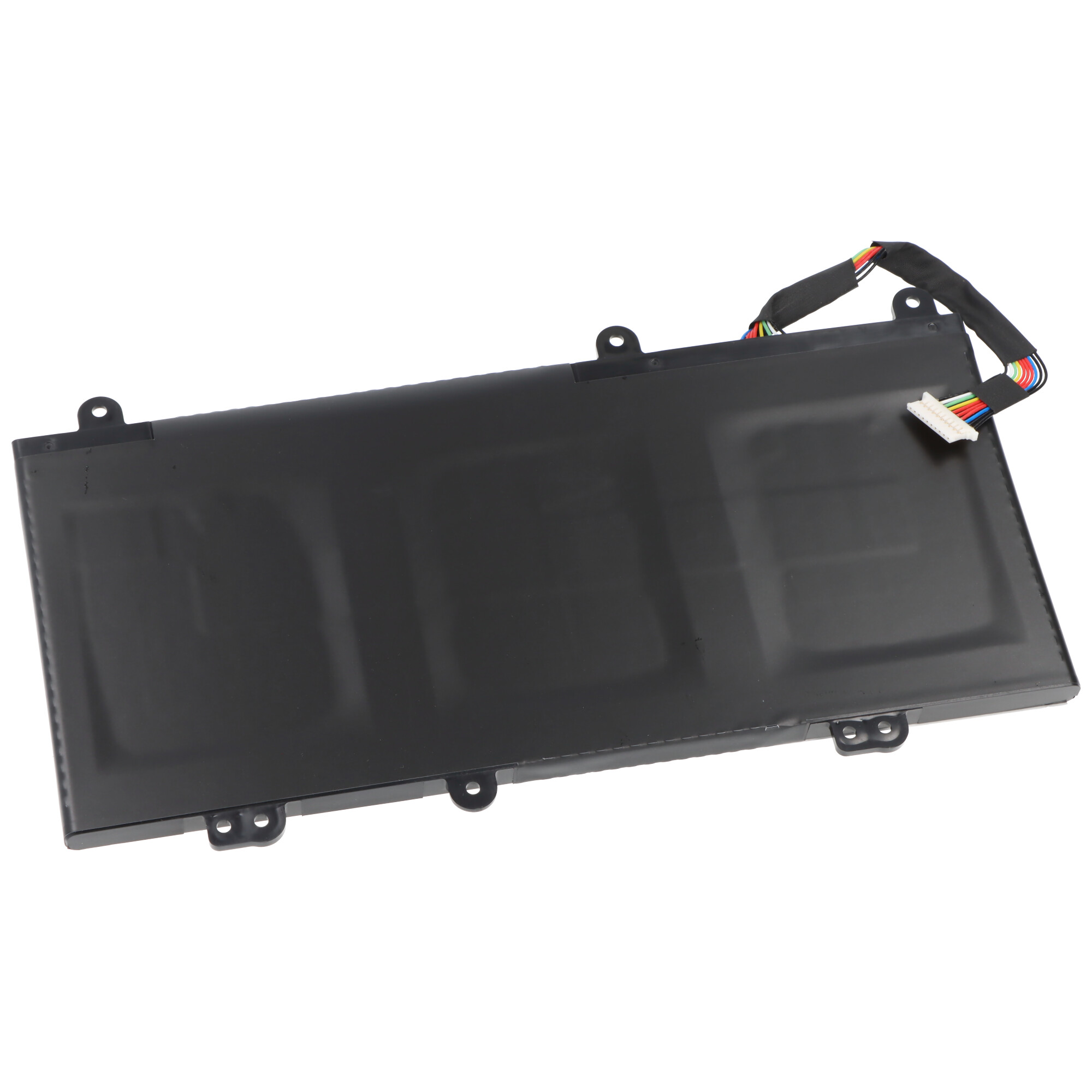 Ein schwarzer Laptop-Akku mit bunten Kabeln und einem weißen Anschluss.