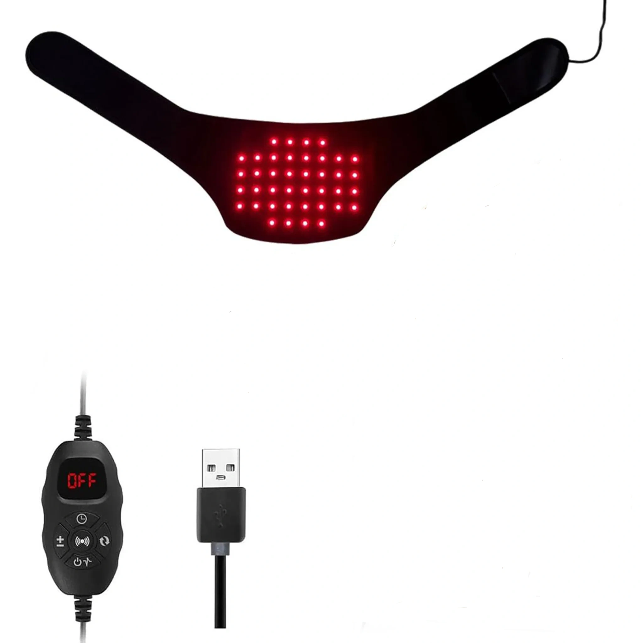 Schwarzes Nackenband mit roten LEDs und USB-Controller.