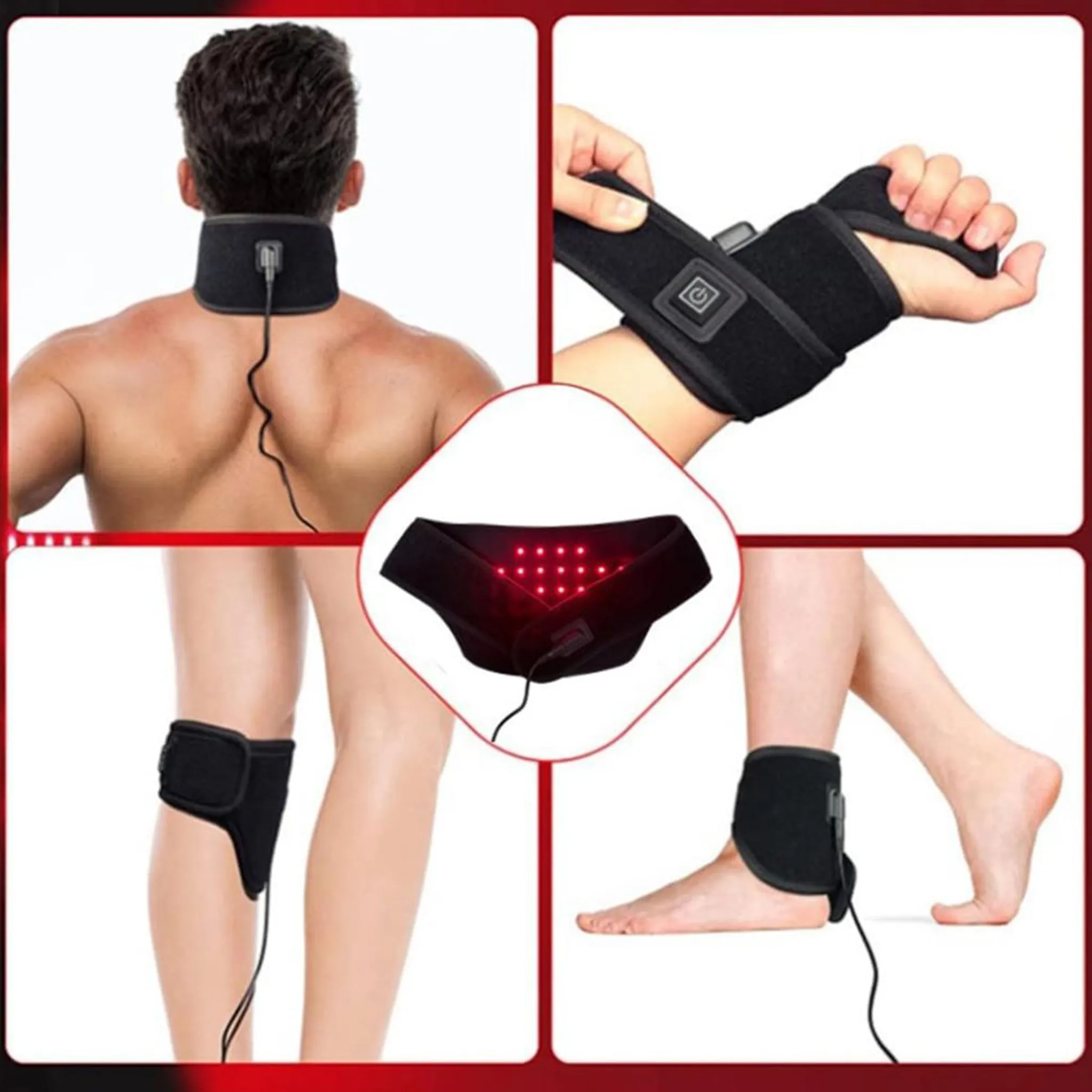 Gerät zur Schmerzlinderung für Nacken, Handgelenk, Knie und Knöchel mit roten Lichtern.