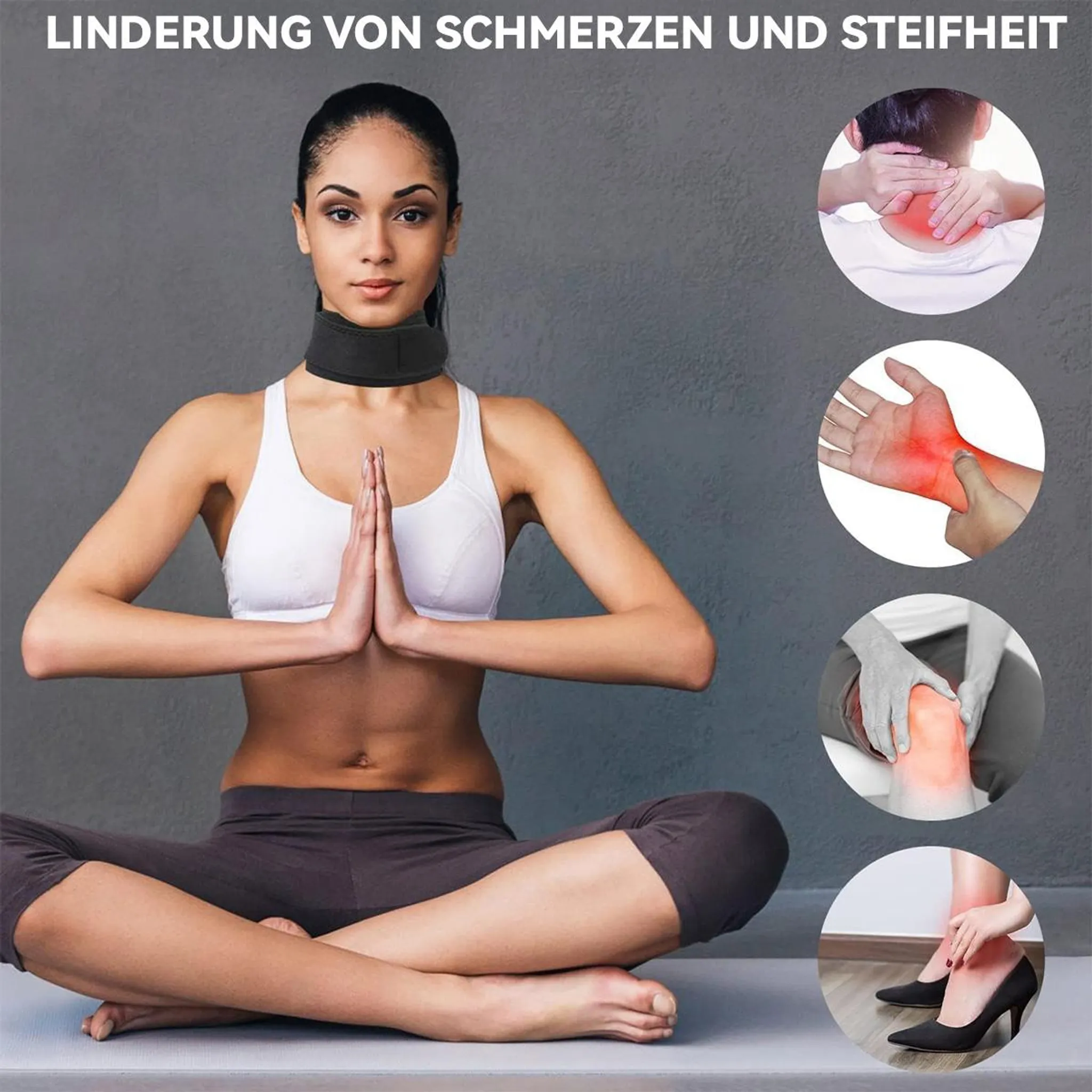 Frau mit Nackenstütze in Yogapose, Schmerzbereiche an Nacken, Hand, Knie, Fuß.