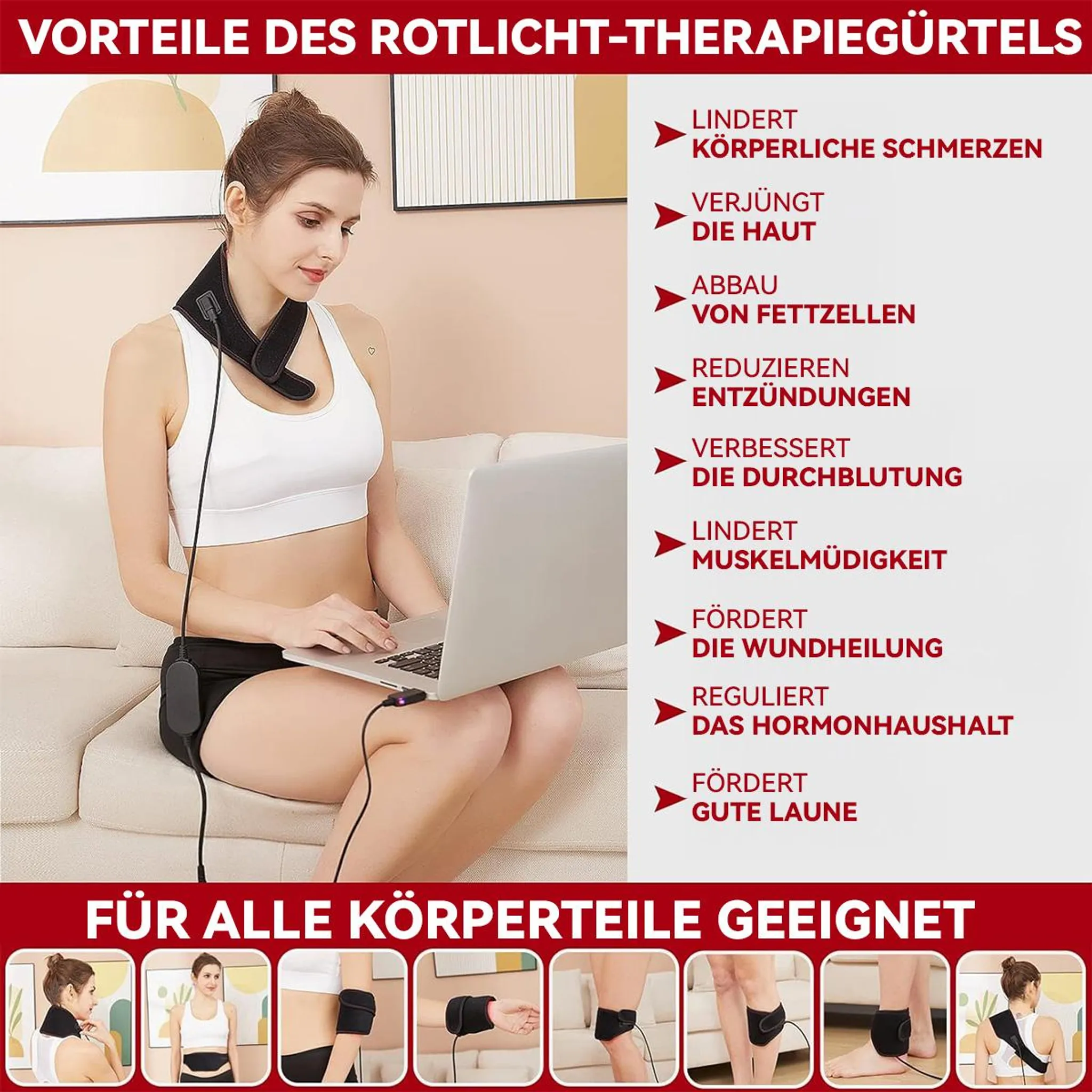 Frau mit Rotlicht-Therapiegürtel am Hals, die auf einem Laptop tippt.