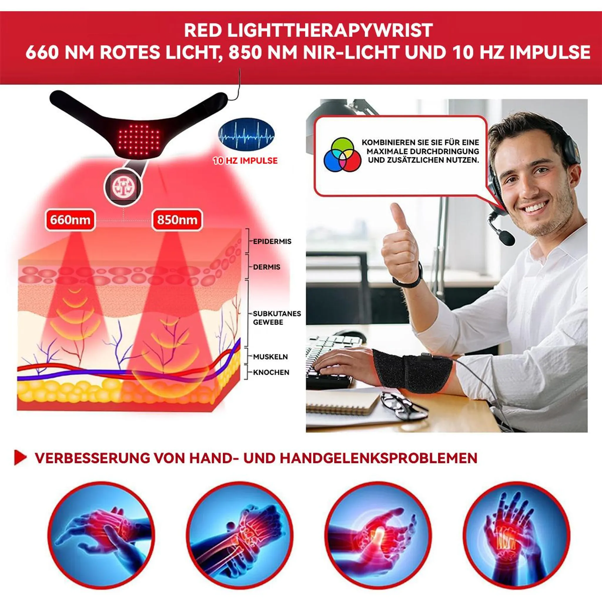 Rotlicht-Therapie-Armband mit Hautschichten, 660/850nm Licht, und Mann mit Daumen hoch.