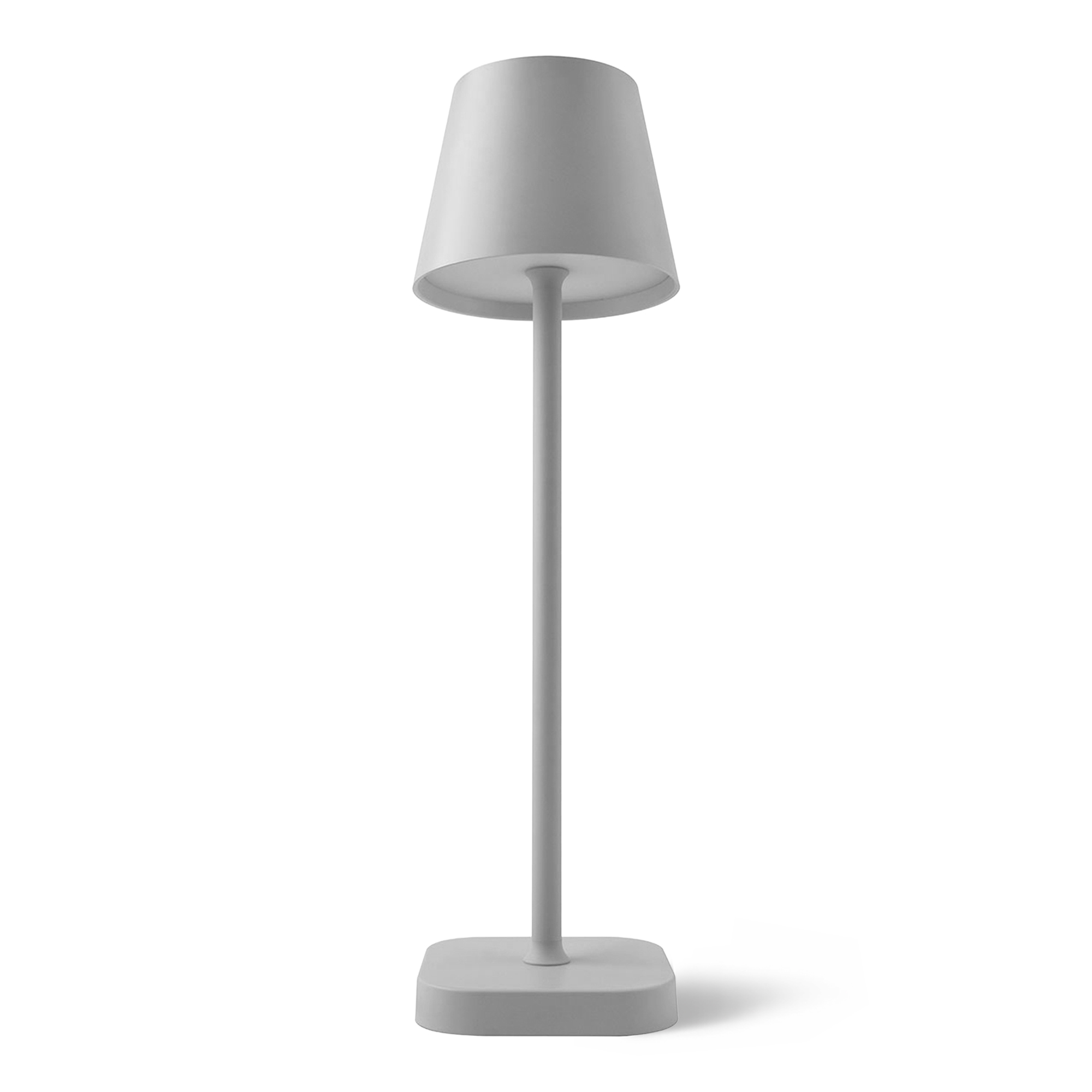 Une lampe de table grise simple avec un abat-jour conique et une base rectangulaire.