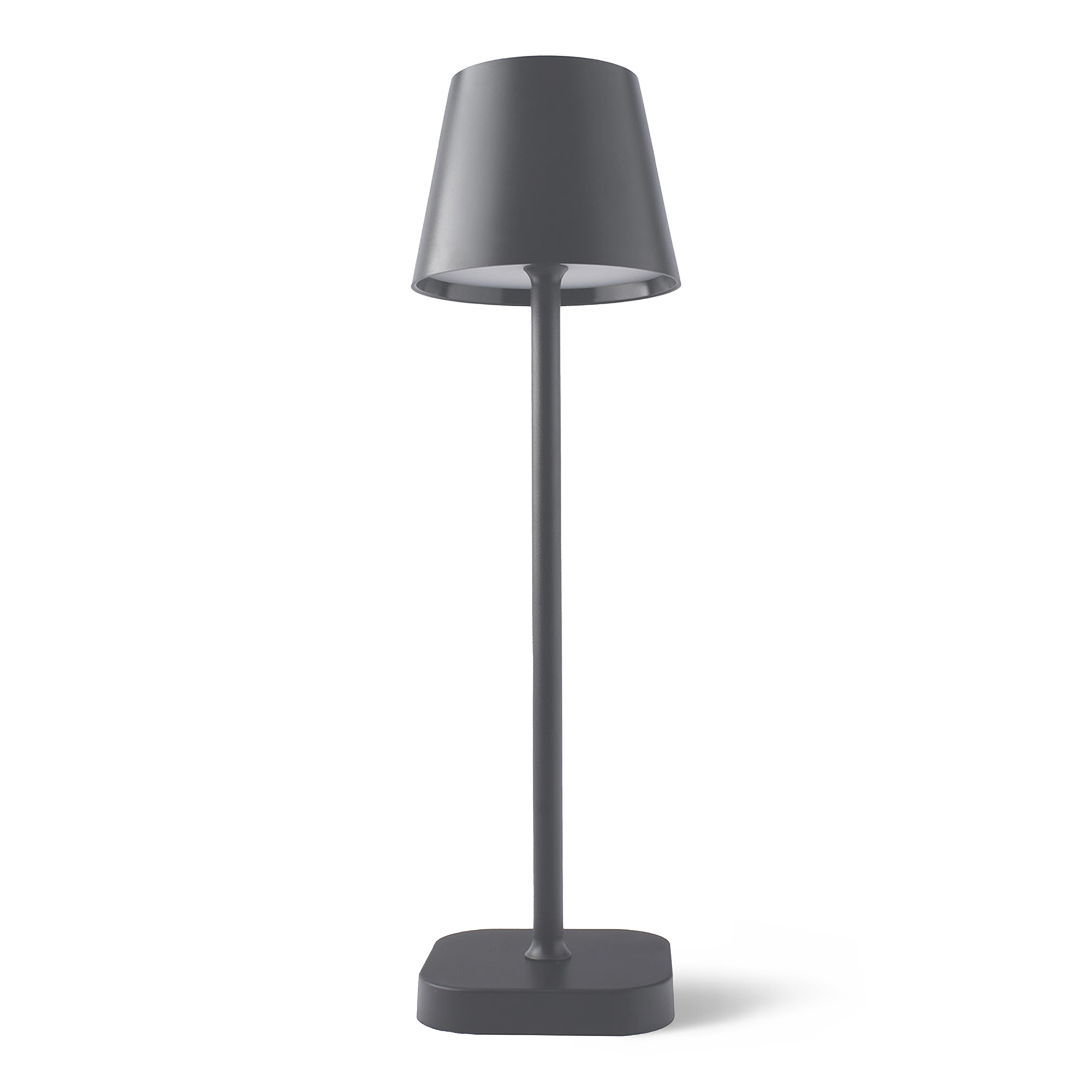Een donkere staande lamp met een slanke steel en een kegelvormige kap.