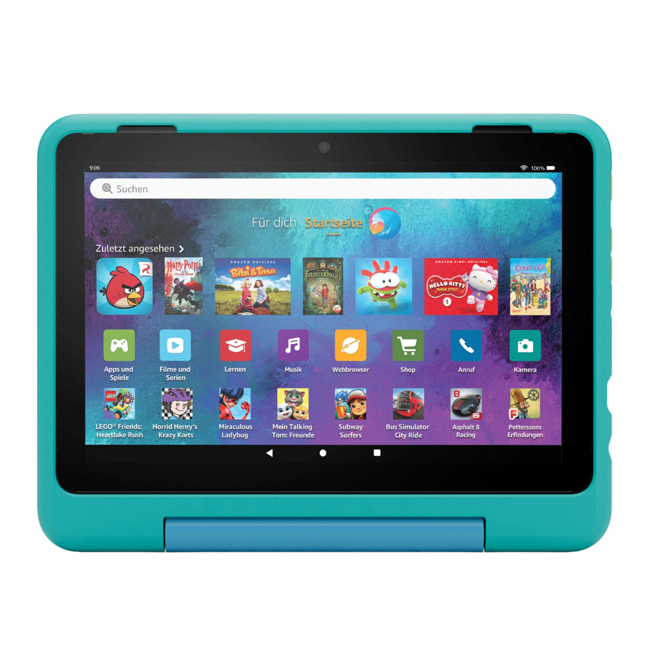 Ein türkisfarbenes Tablet mit Apps wie Angry Birds, Harry Potter und Hello Kitty.