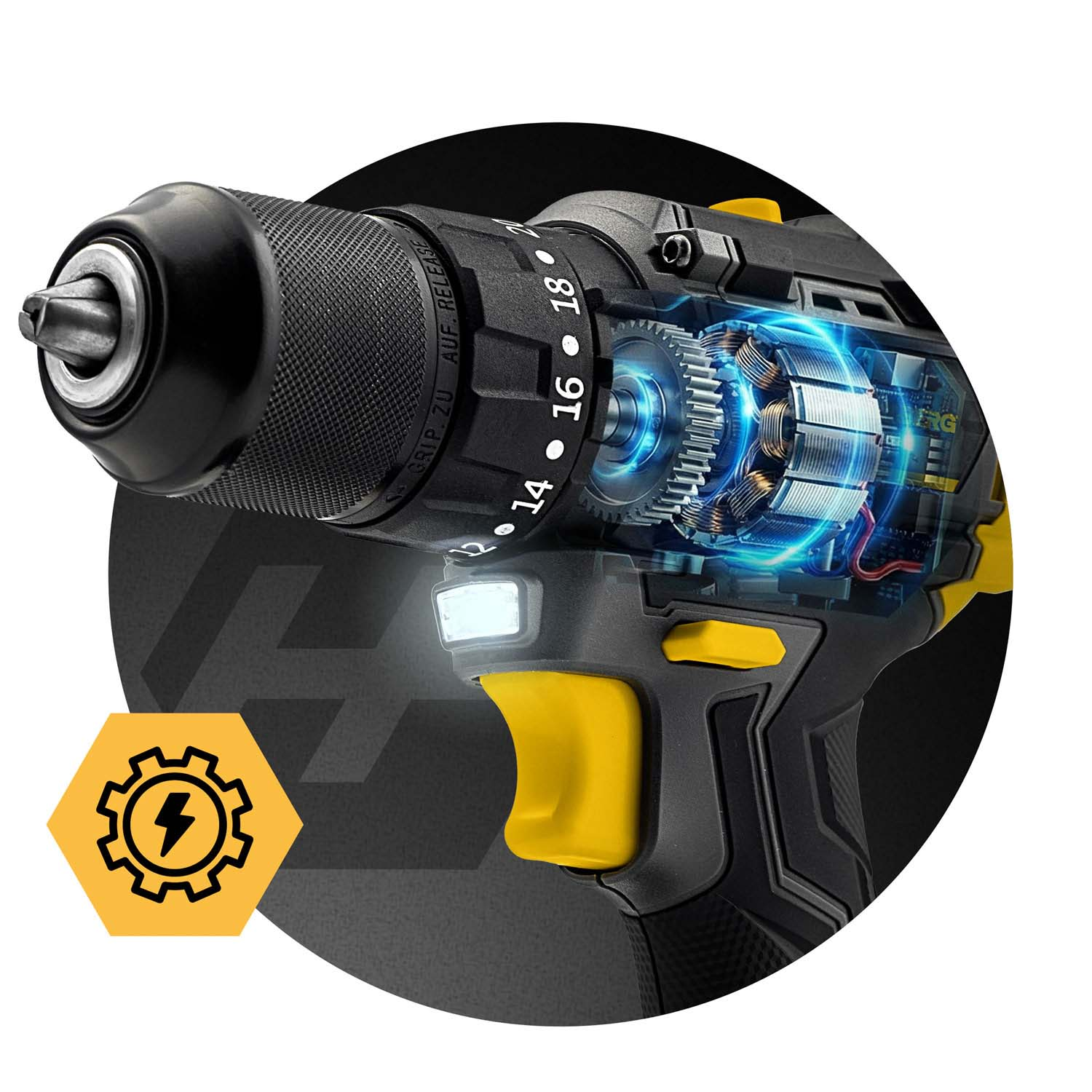 Zbliżenie czarno-żółtej wiertarki z widocznymi zębatkami i silnikiem.