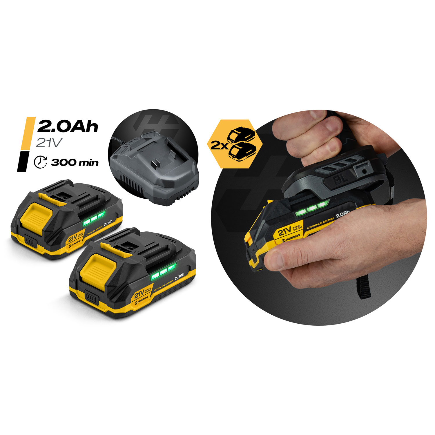 Trzy czarno-żółte akumulatory 21V 2.0Ah, ładowarka i dłoń w okręgu.