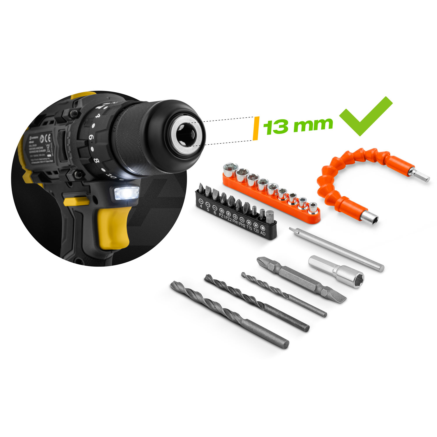 Wiertarko-wkrętarka z akcesoriami: bity, wiertła, przedłużka i nasadka 13 mm.