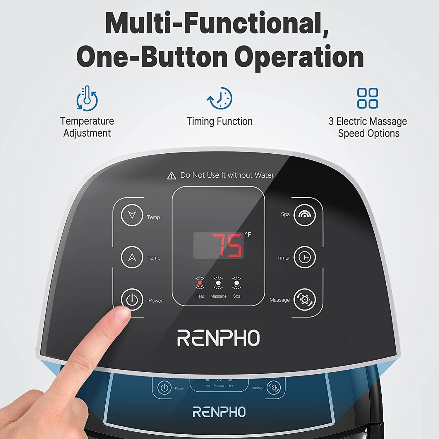 Nahaufnahme eines Touchscreens mit Temperatur-, Timer- und Massageoptionen. Ein Finger drückt auf den Power-Knopf.