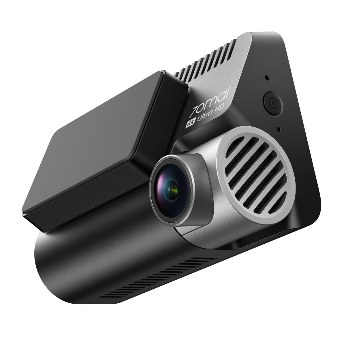 A black and silver 70mai 4K Ultra HD dashcam featuring a lens and ventilation grills.