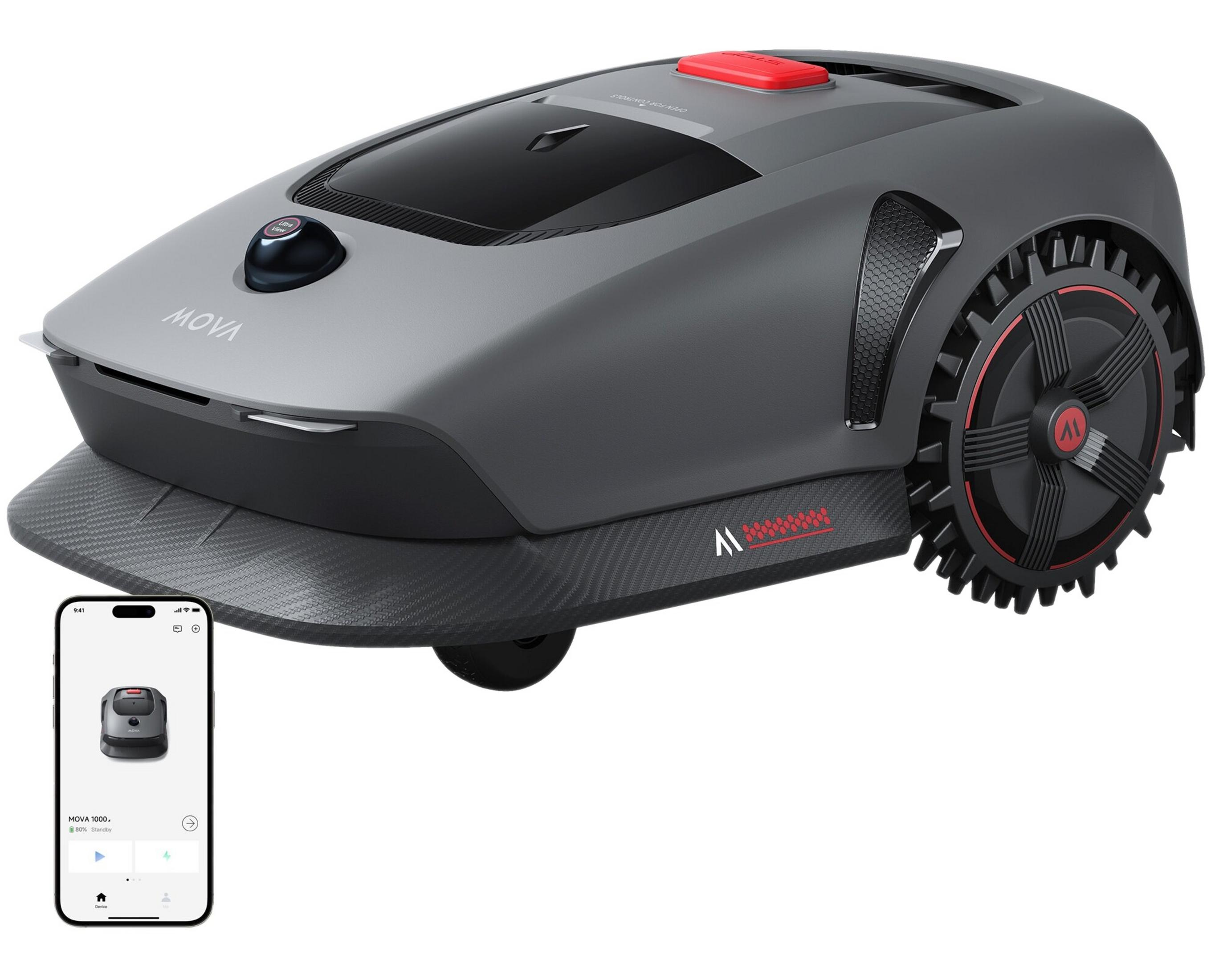 Szara kosiarka robotyczna z czerwonym przyciskiem i aplikacją.