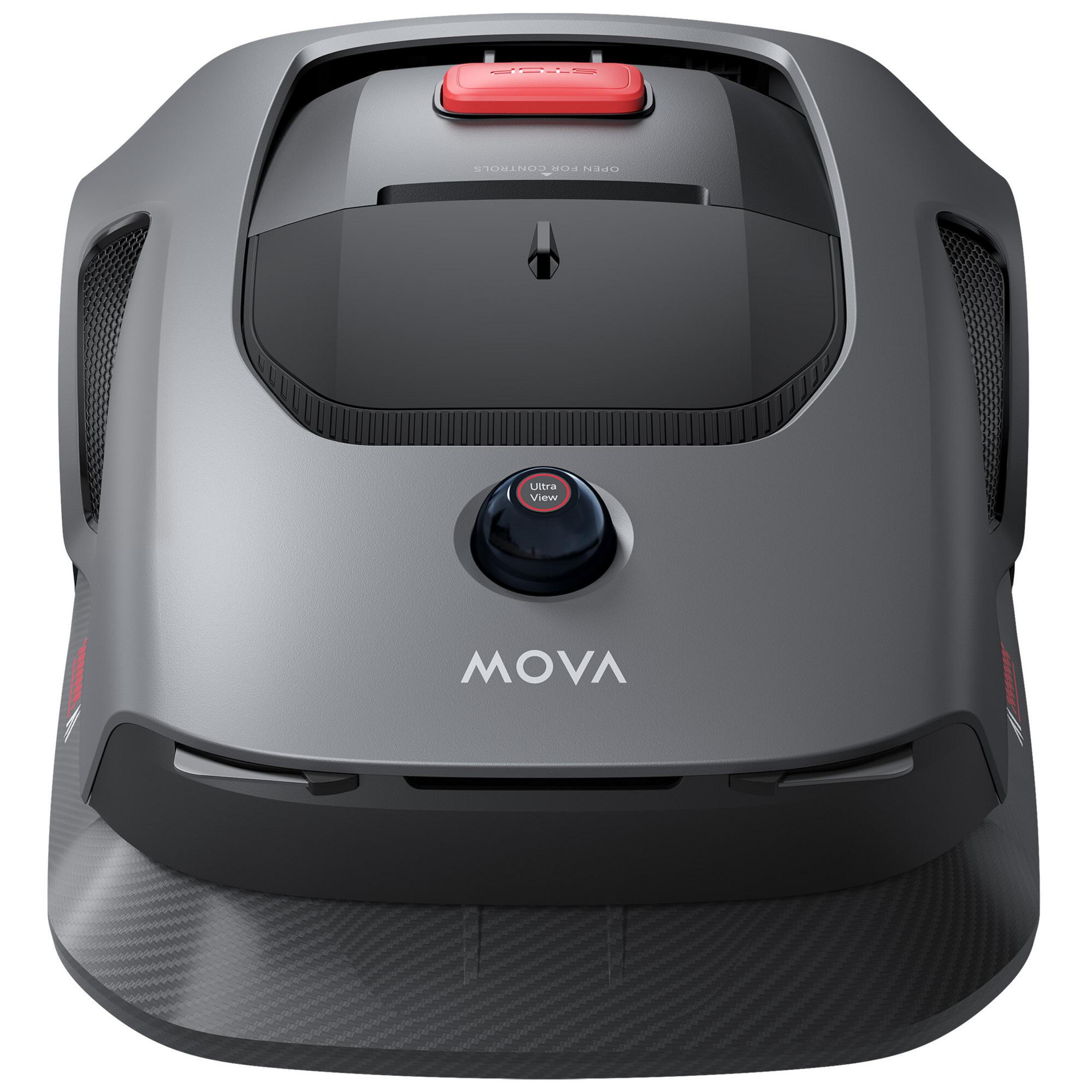 Szary robot koszący z czerwonym przyciskiem stop i karbonową podstawą.