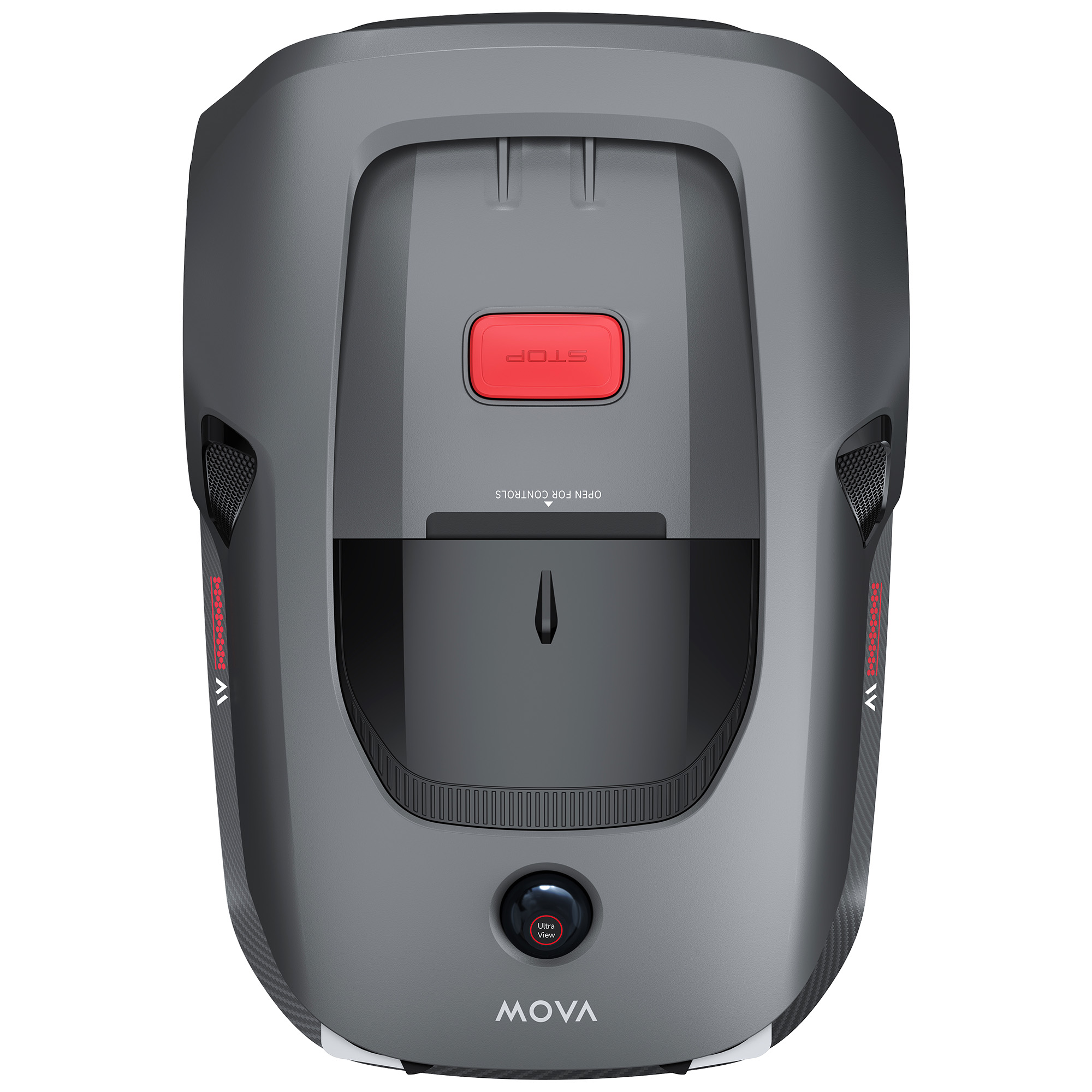 Szara kosiarka robotyczna z czerwonym przyciskiem stop na górze i kamerą na dole.