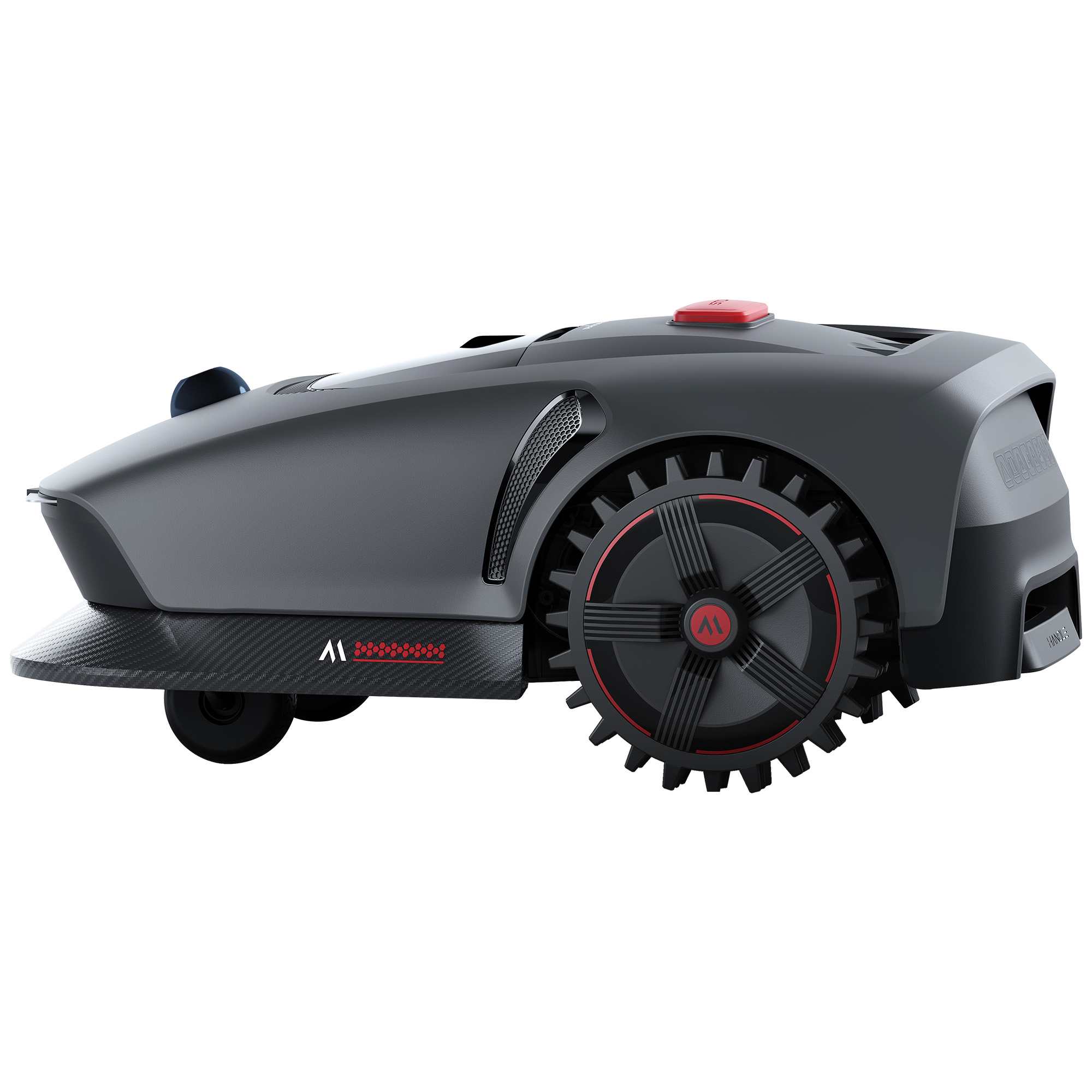 Szara kosiarka robotyczna z czerwonym przyciskiem i dużymi kołami.