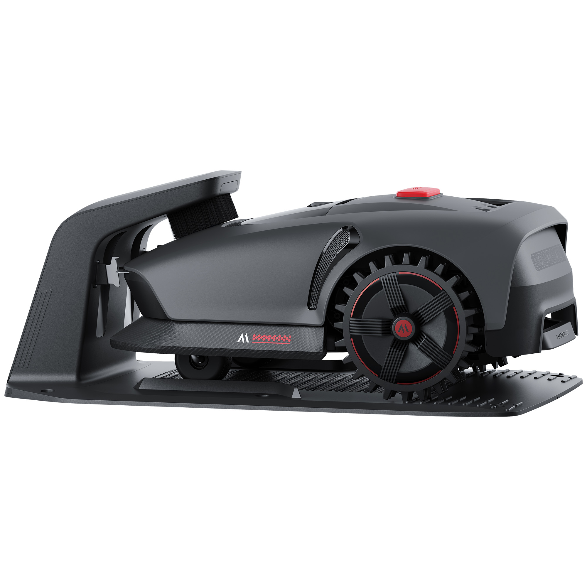 Szary robot koszący z czerwonym przyciskiem na stacji ładującej.