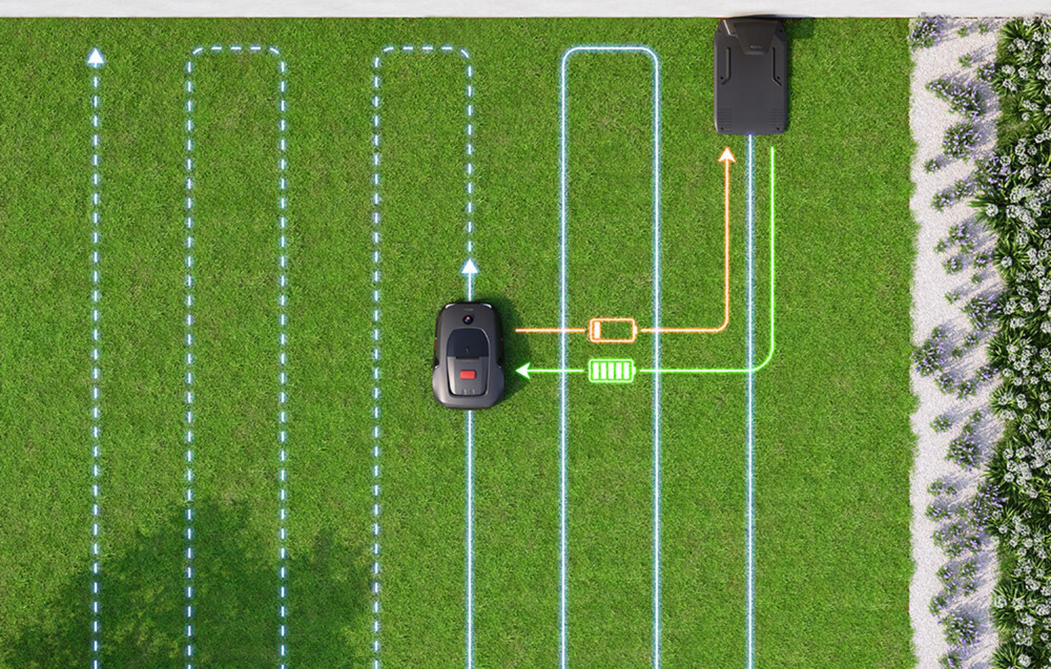 Dwa roboty koszące na trawniku, jeden ładuje się, z liniami nawigacyjnymi.