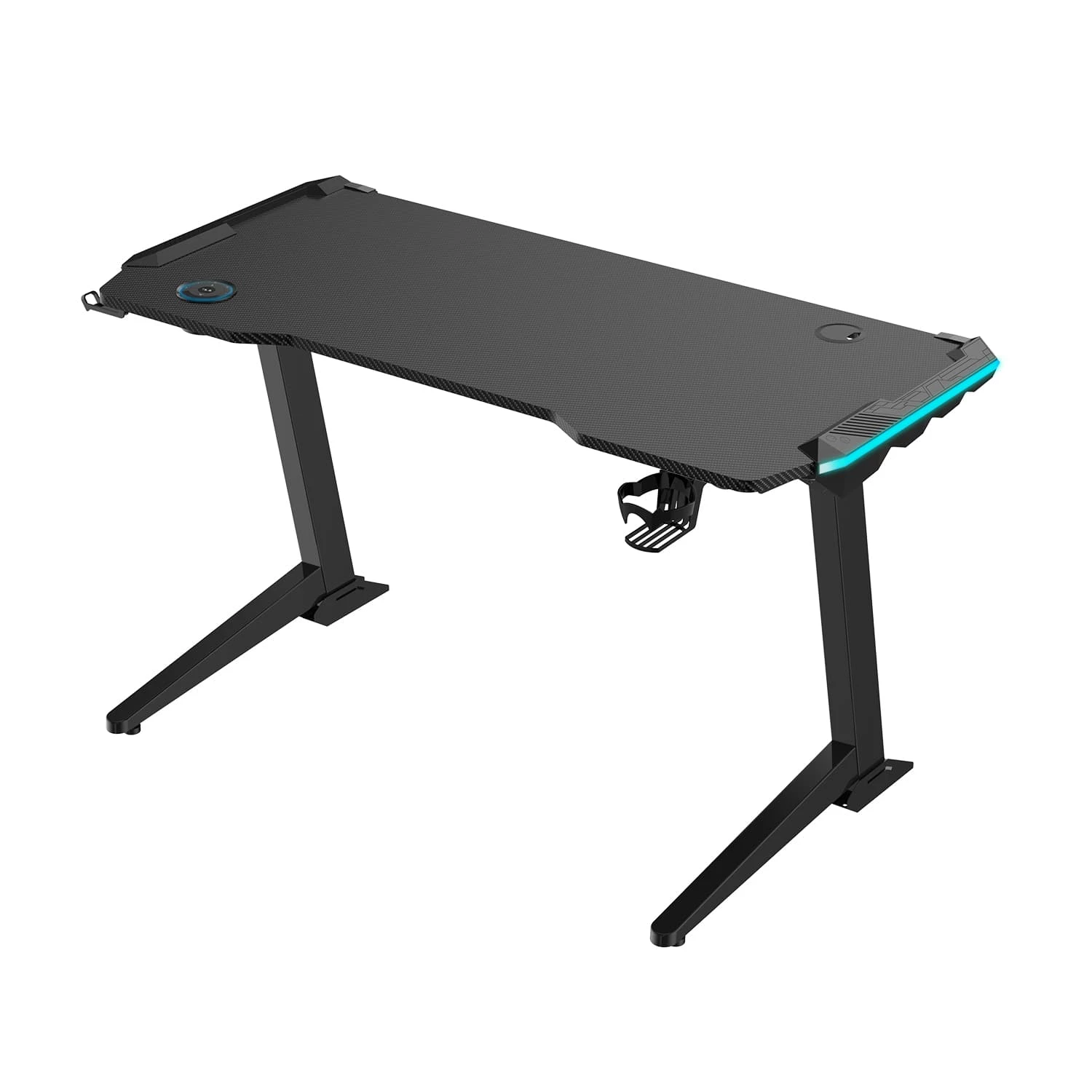 Czarny biurko gamingowe z oświetleniem LED, uchwytem na kubek i ładowarką.