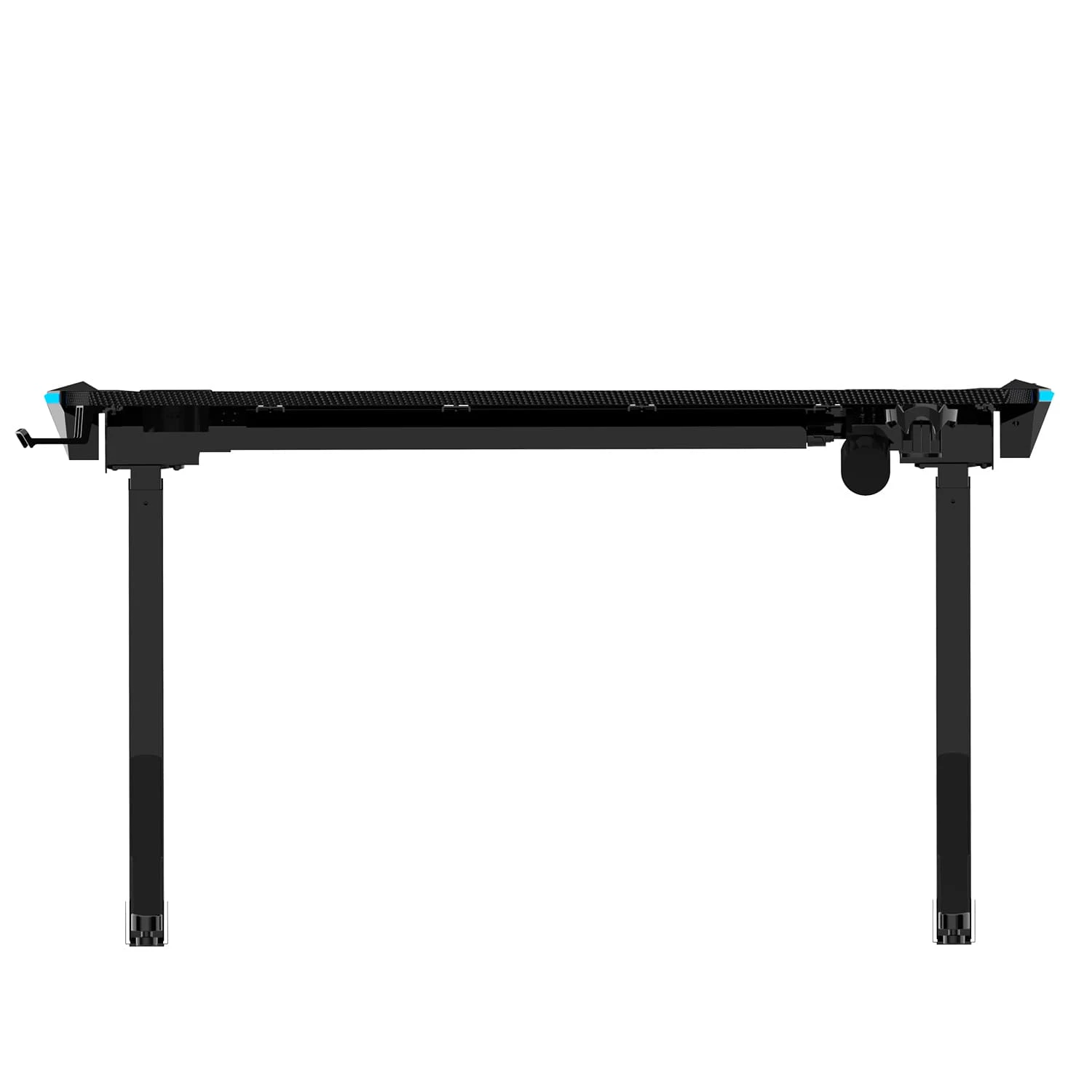 Czarny biurko z dwiema nogami i niebieskimi akcentami.