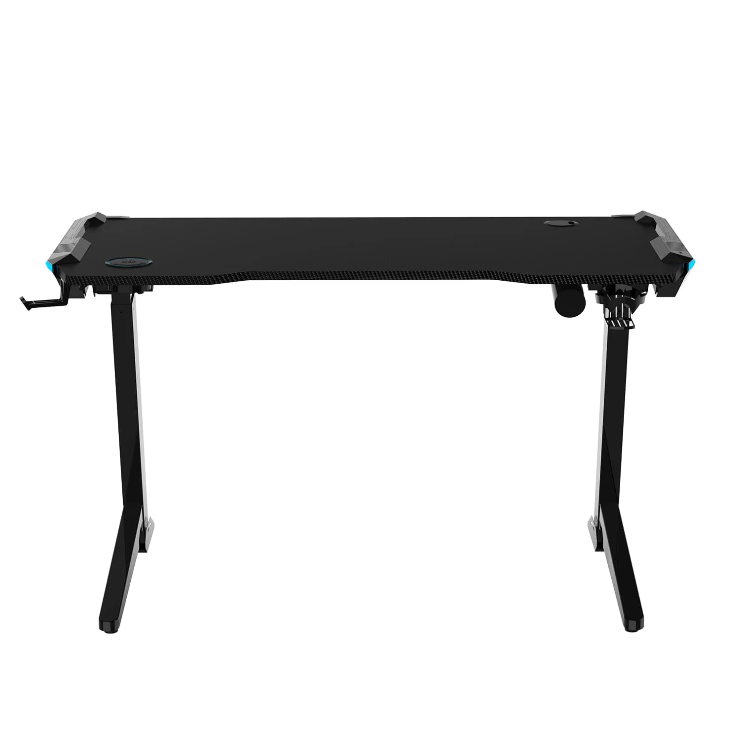 Czarny biurko gamingowe z niebieskimi akcentami i stalowymi nogami.