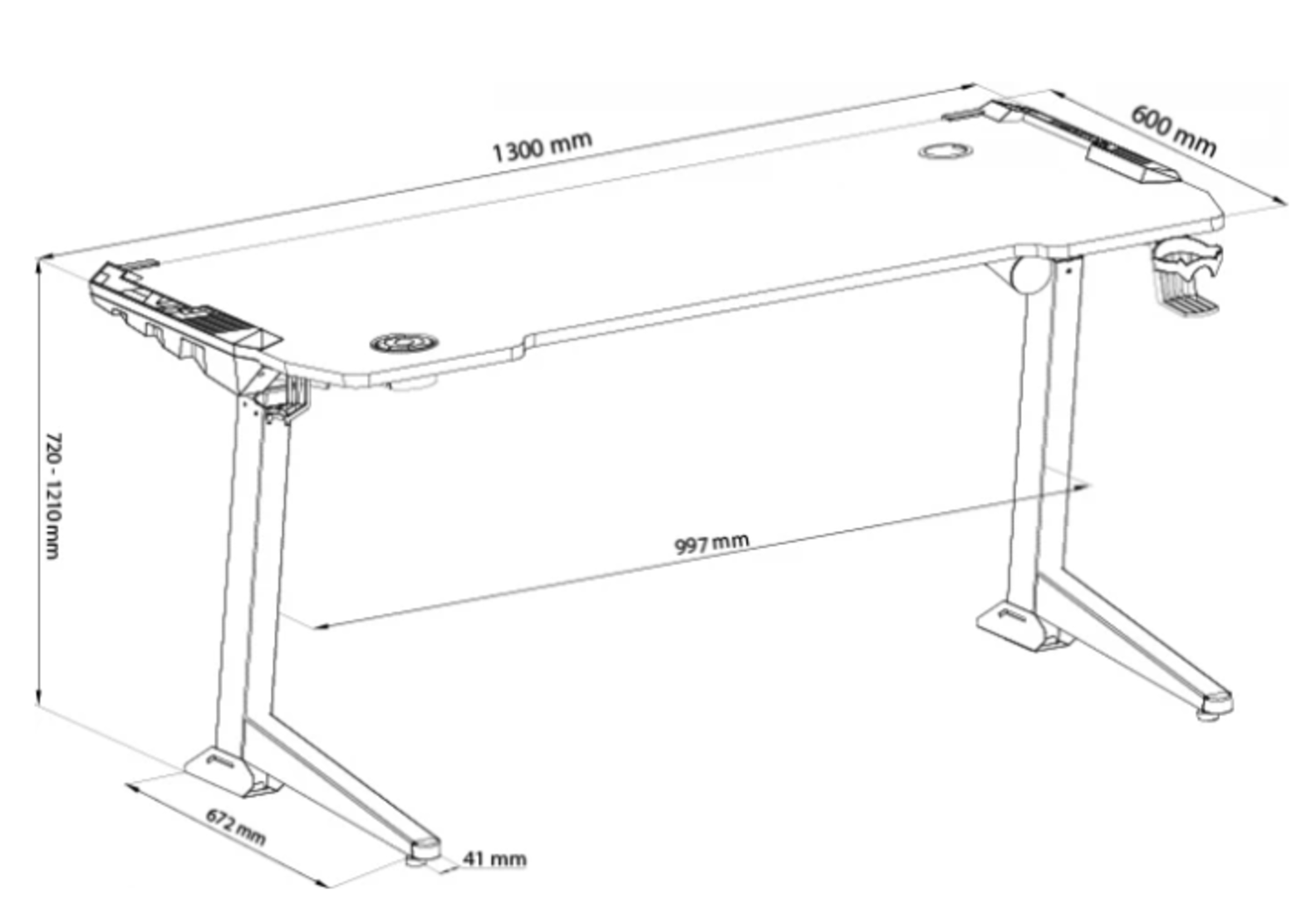 Rysunek techniczny biurka z regulacją wysokości z wymiarami.