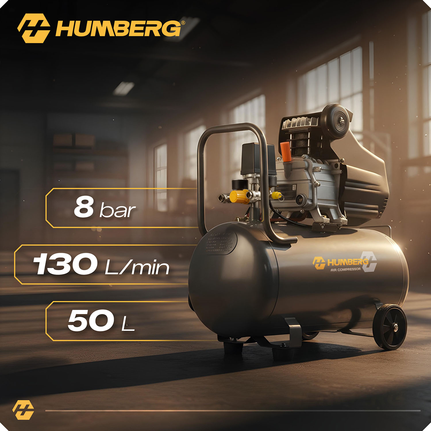 Kompresor Humberg ze specyfikacją: 8 bar, 130 L/min, 50 L. W warsztacie.