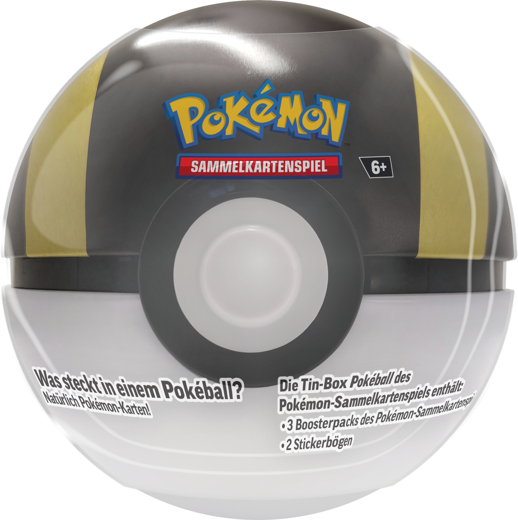 Pokémon Sammelkartenspiel Tin-Box in Pokeball-Form, für 6+ Jahre.