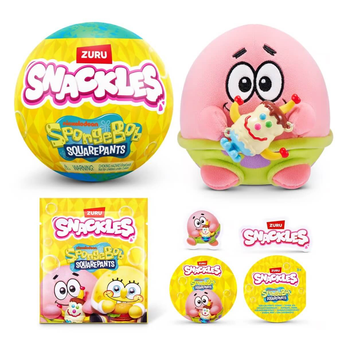 Juguetes SpongeBob Snackles: bola redonda, figura de Patricio y embalaje.