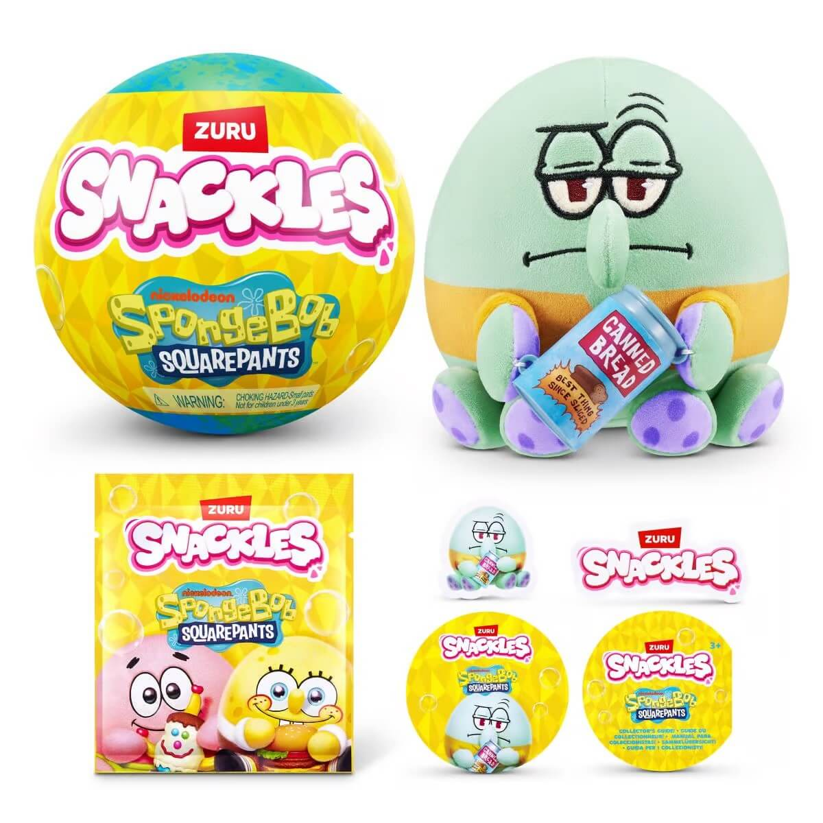 Juguetes coleccionables de Bob Esponja Snackles: esfera, peluche, pan en lata, paquetes y pegatinas.