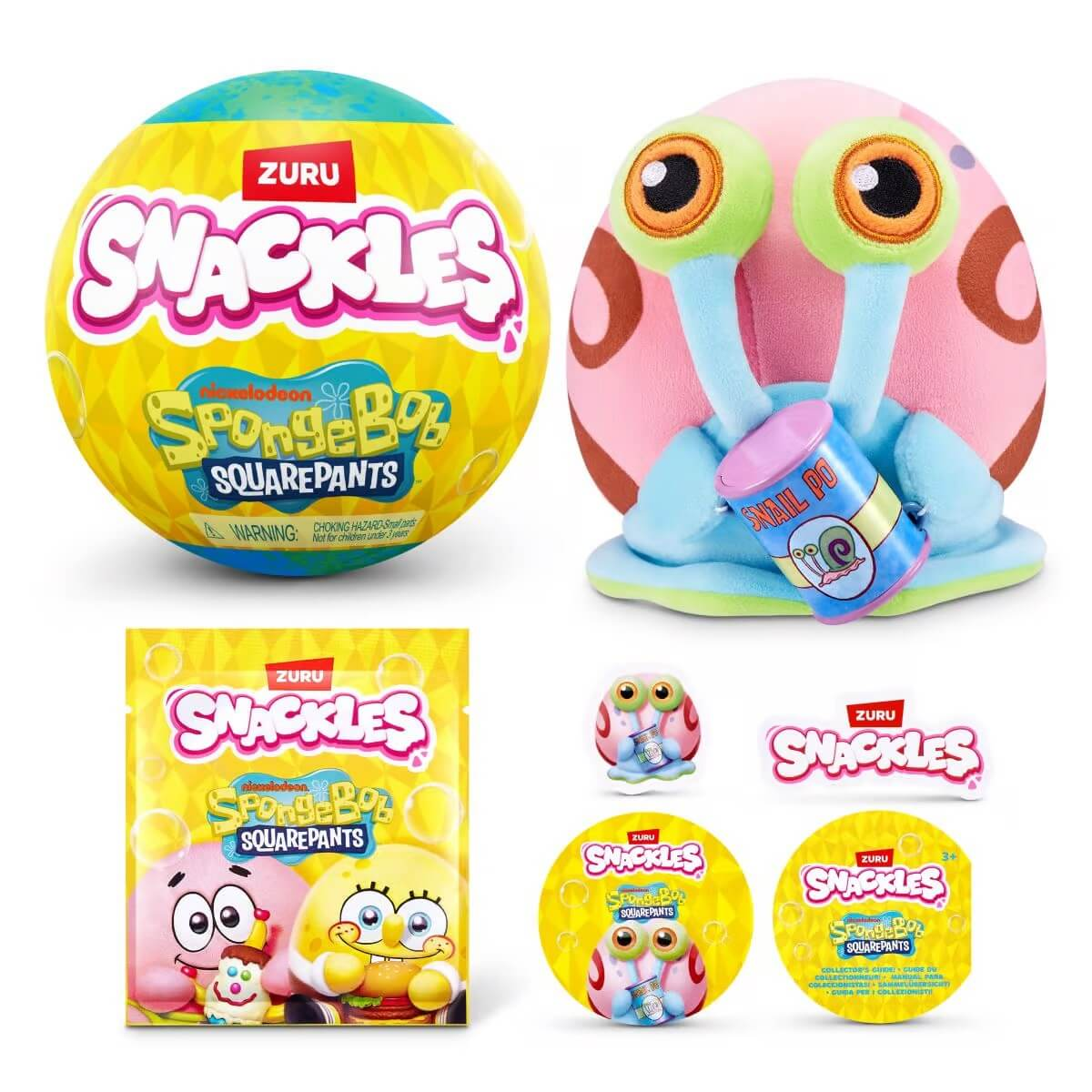 Juguetes SpongeBob Snackles: pelota, peluche de Gary, bolsa y pegatinas.