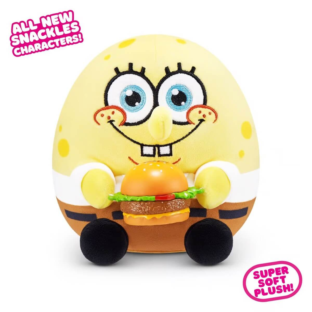 Un peluche de Bob Esponja sosteniendo una hamburguesa. Ropa blanca y marrón.
