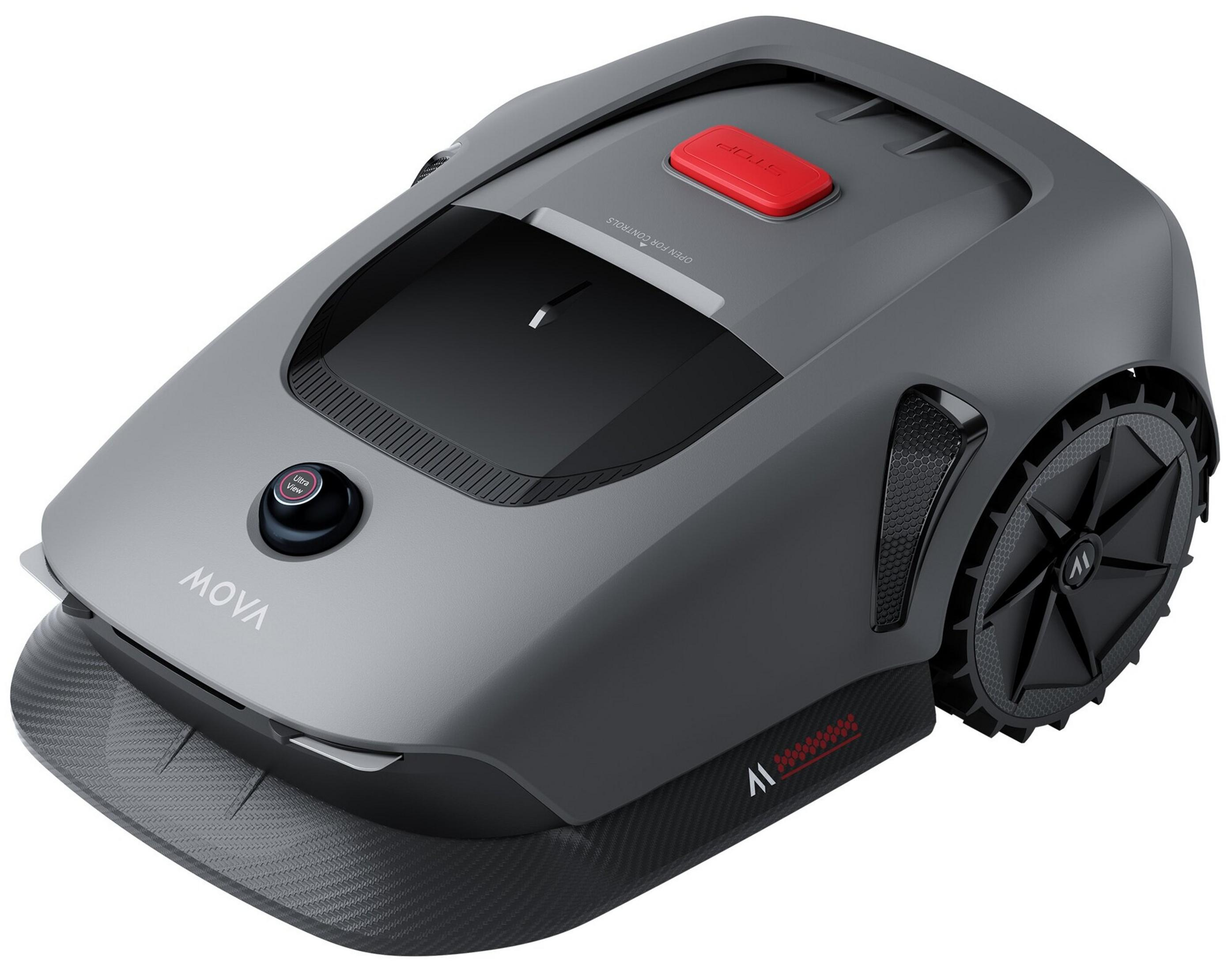 Szara kosiarka automatyczna z czerwonym przyciskiem stop i czarnymi kołami.