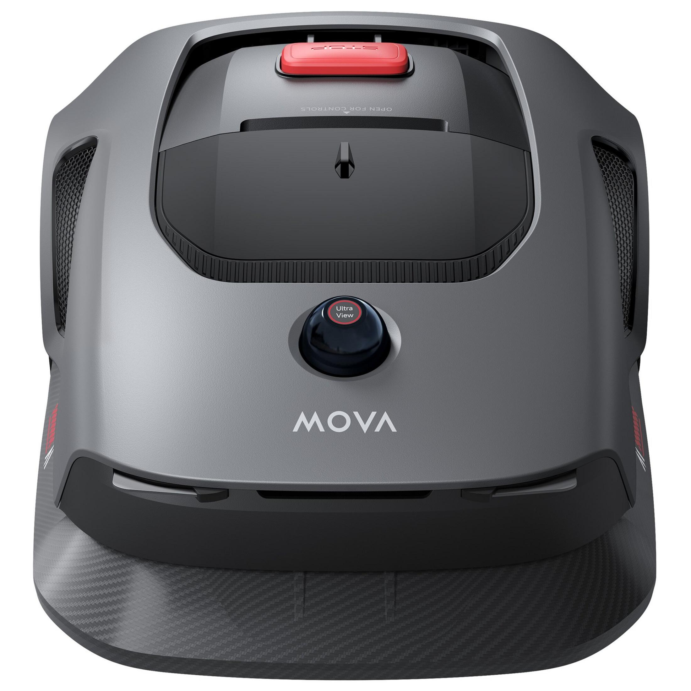 Szara kosiarka robotyczna z czerwonym przyciskiem stop i czarnym pokrętłem "Ultra View".