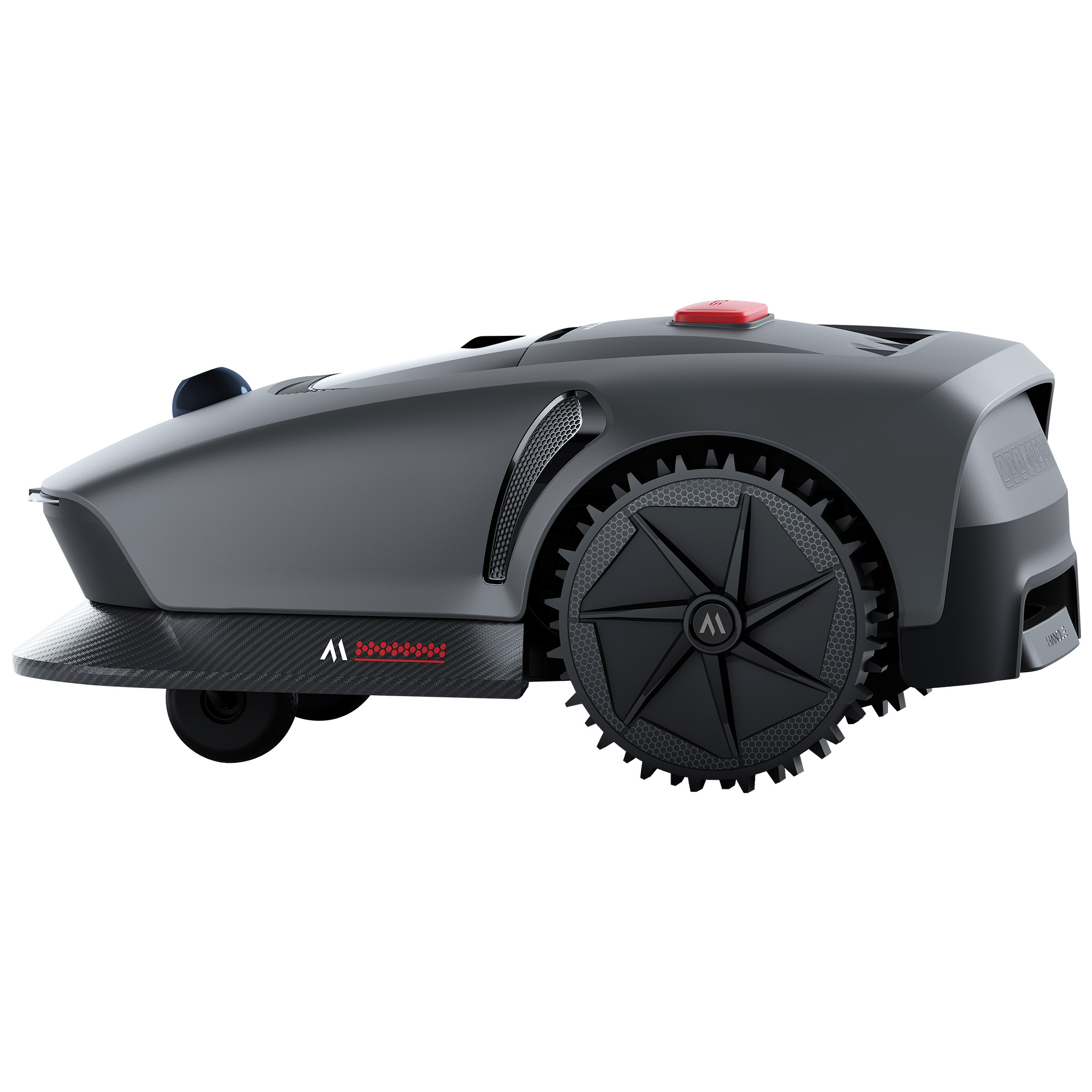 Ciemnoszara kosiarka robotyczna z czerwonym przyciskiem na górze.