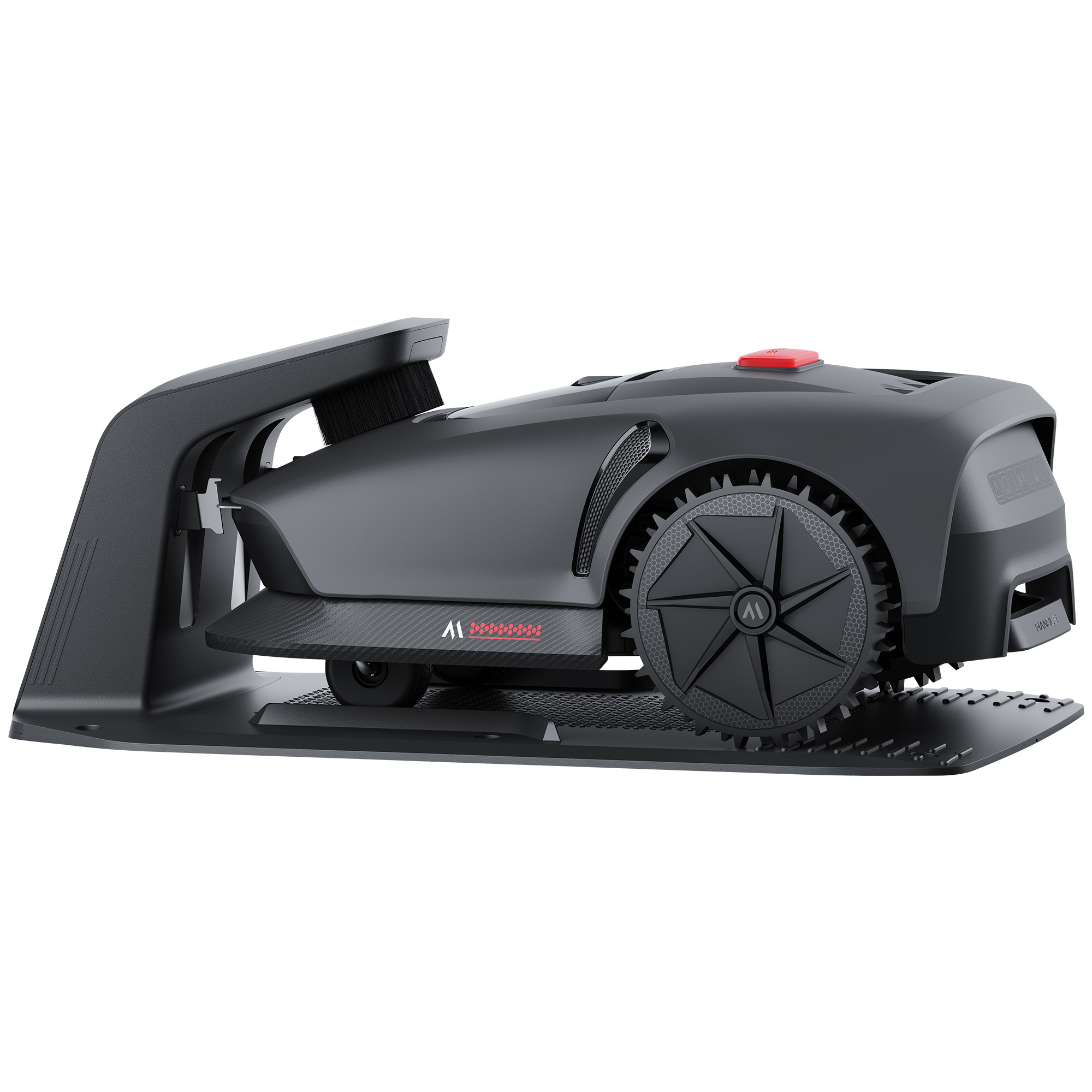 Czarna kosiarka automatyczna na stacji ładującej z czerwonym przyciskiem.