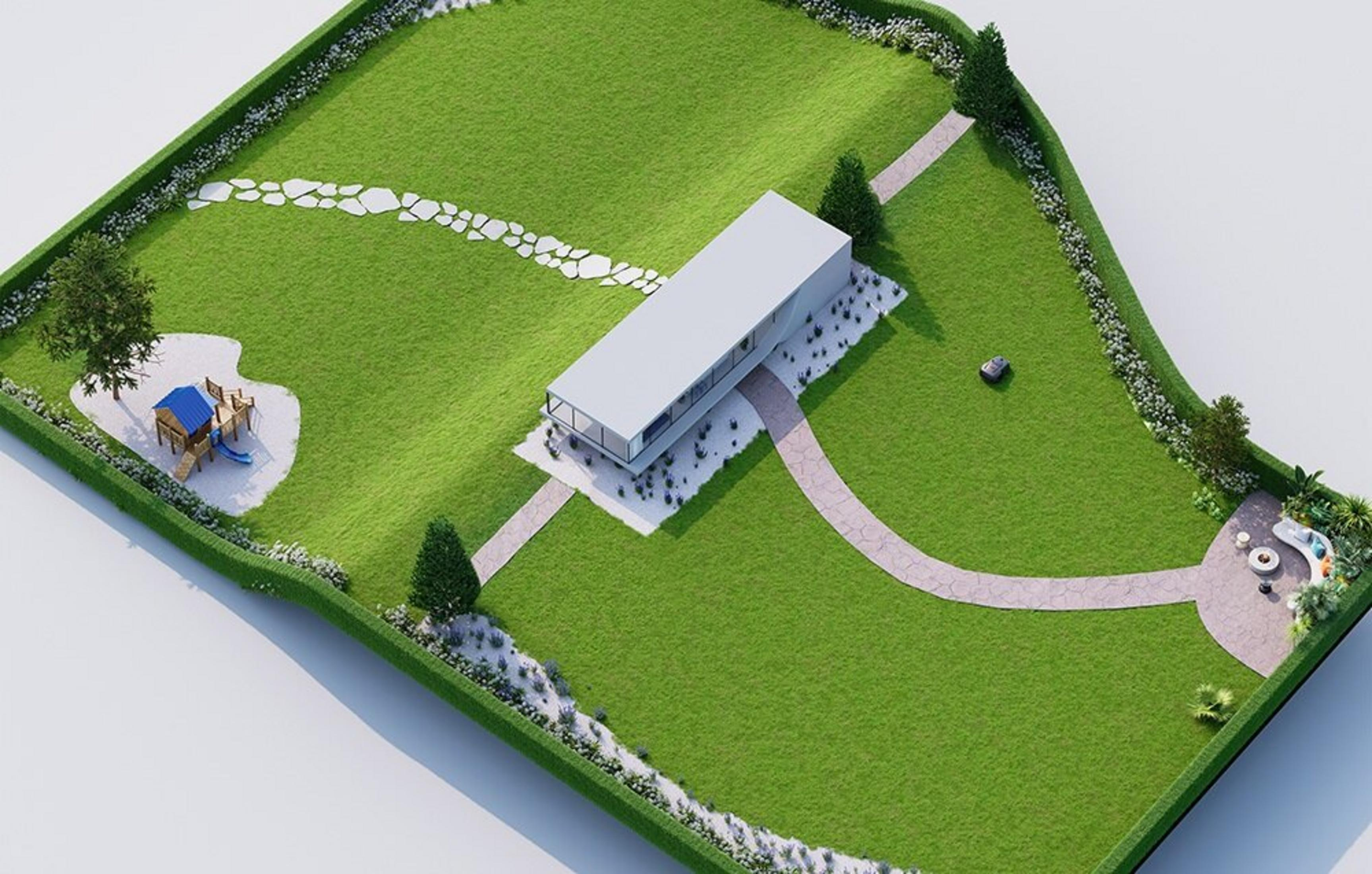 Nowoczesny dom z zielonymi trawnikami, ścieżkami i placem zabaw.