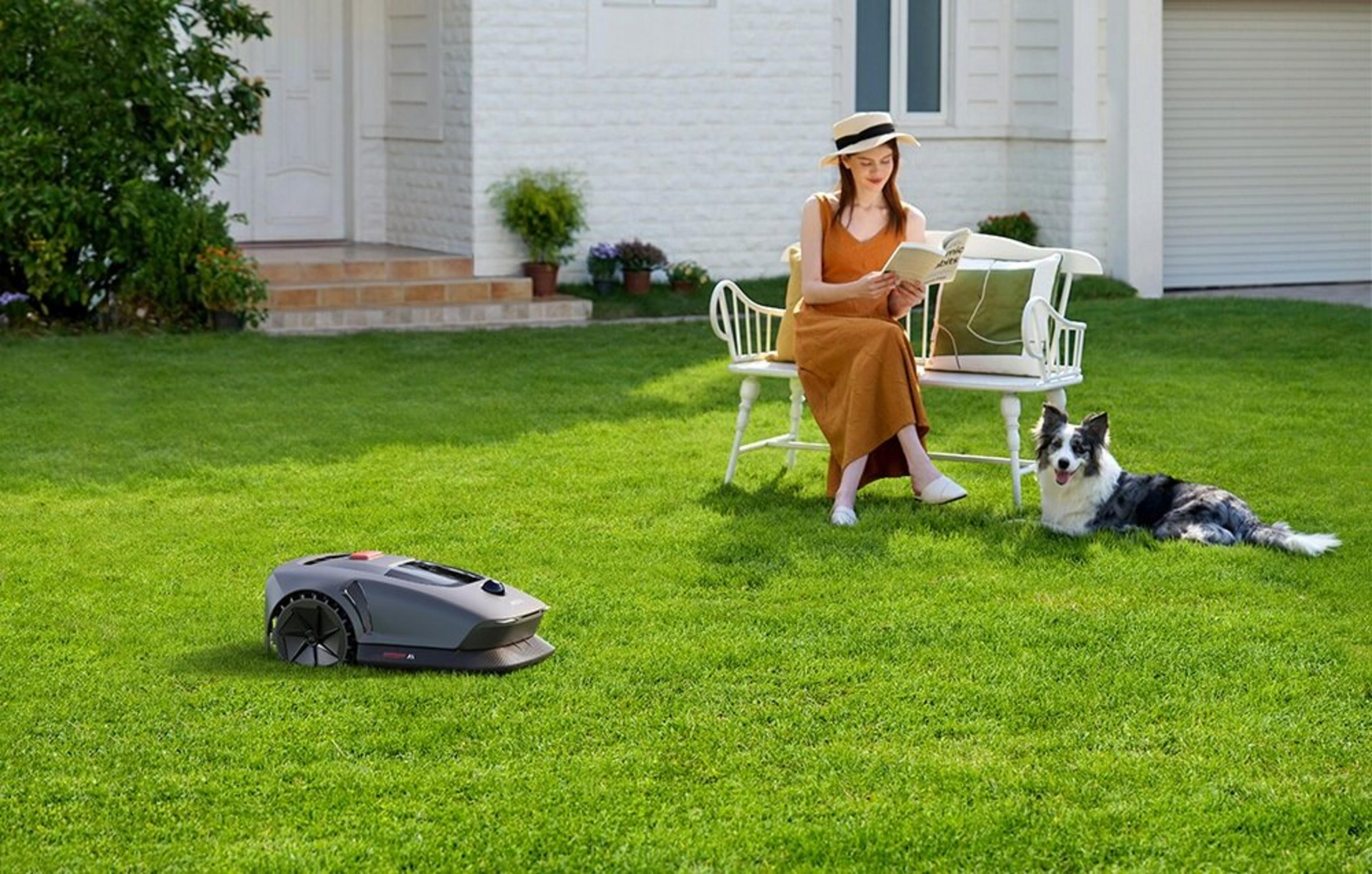 Robot koszący trawę na trawniku z kobietą i psem.