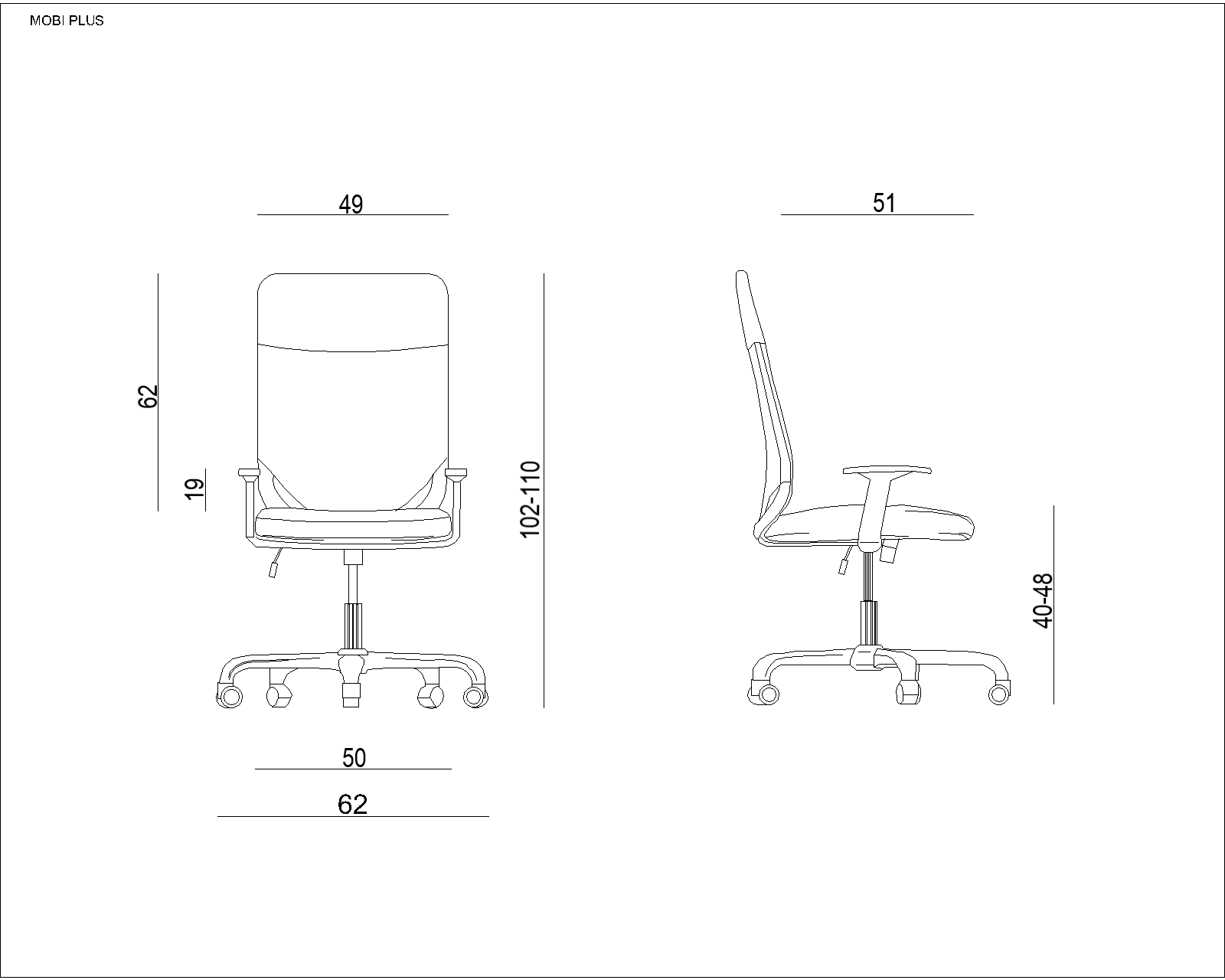 Rysunek techniczny krzesła biurowego z wymiarami w cm.