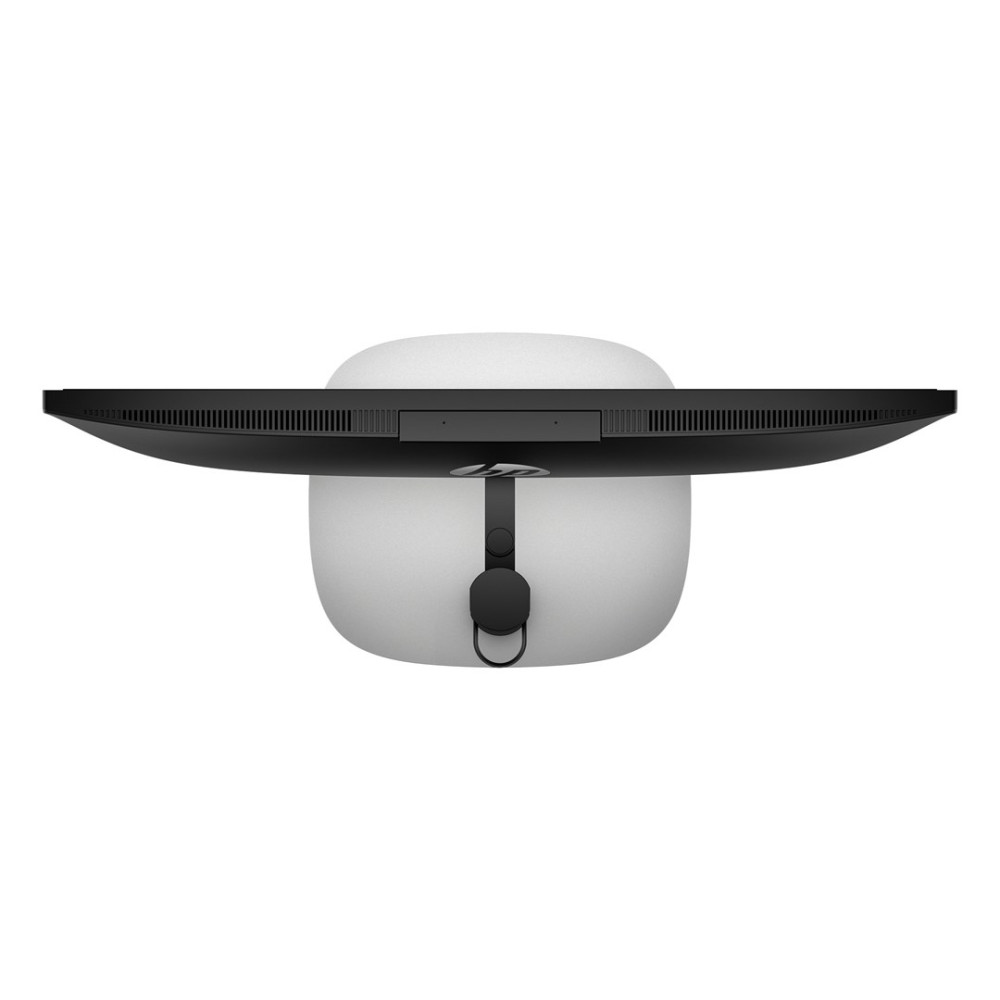 Płaski czarny monitor z logo HP na białej podstawie.