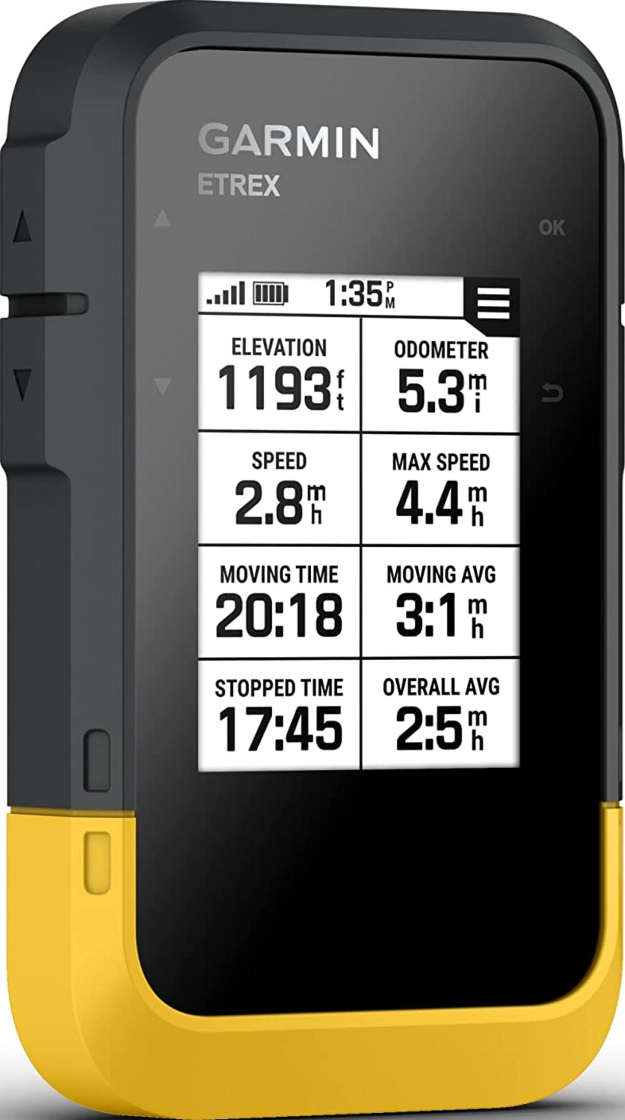 Garmin Etrex mit gelbem Gehäuse zeigt Höhen- und Geschwindigkeitsdaten an.