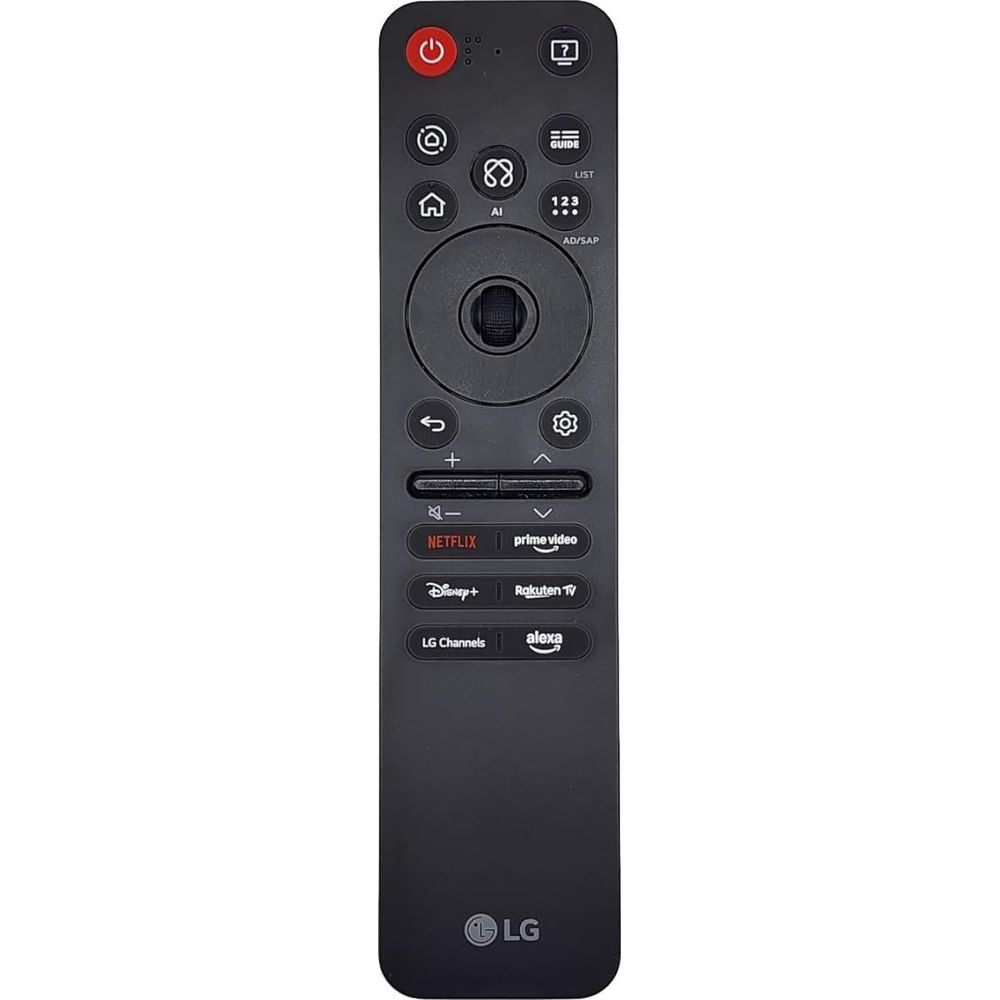 Czarny pilot LG z przyciskami Netflix, Prime Video, Disney+, Alexa.
