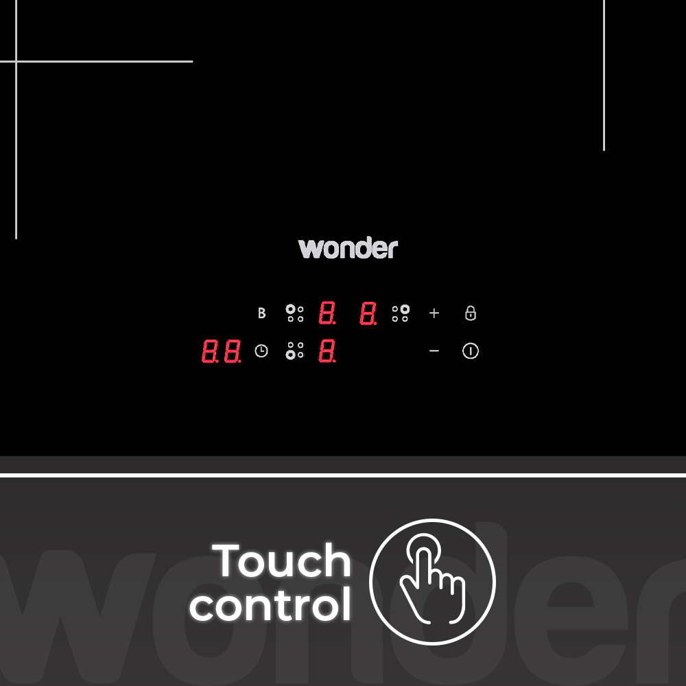 Una placa de inducción Wonder con pantalla digital roja y controles táctiles.